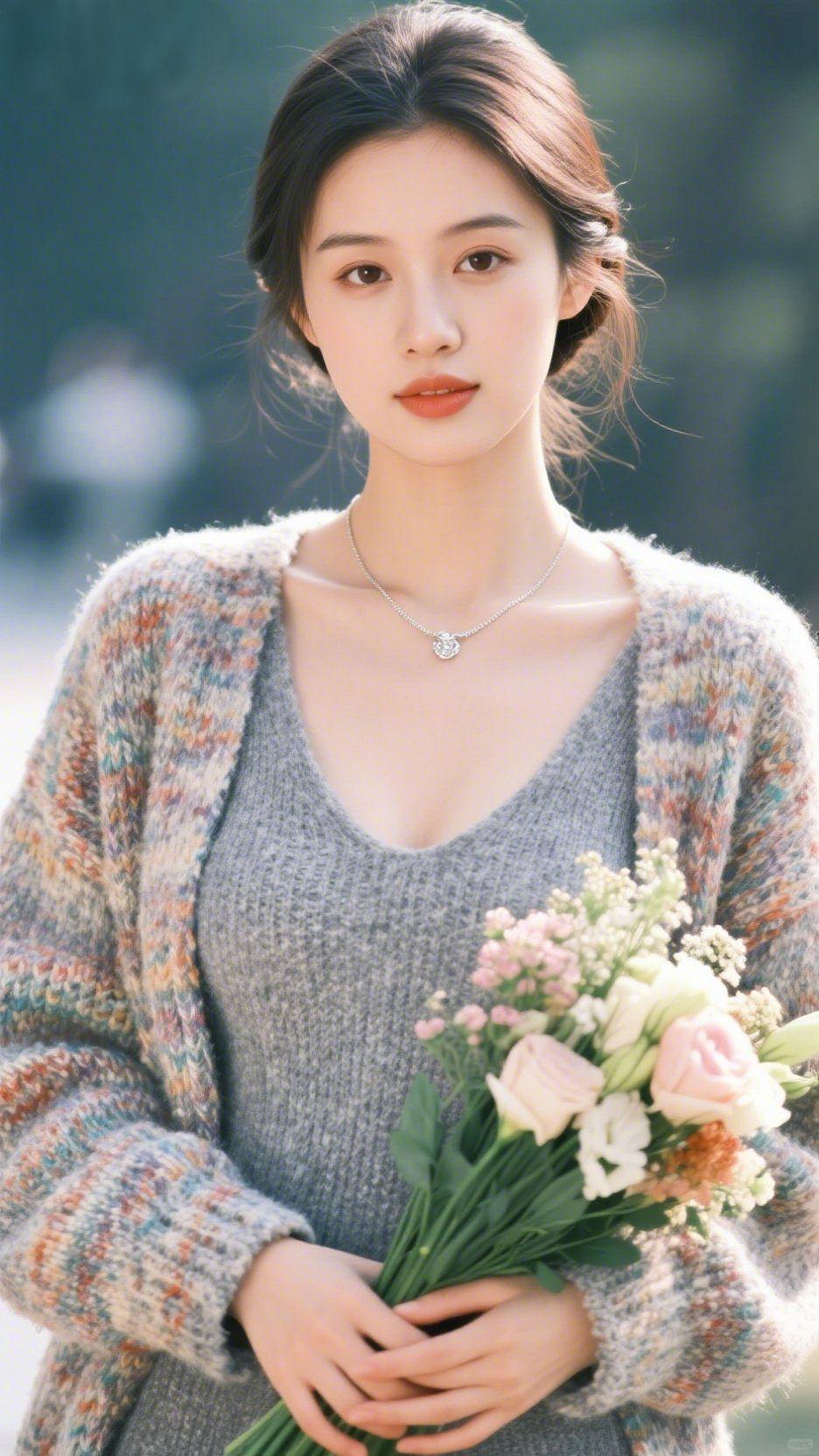 花束漫过针织衫
 
晴好的午后，风裹着草木清香掠过发梢，我抱着一束粉白相间的花束