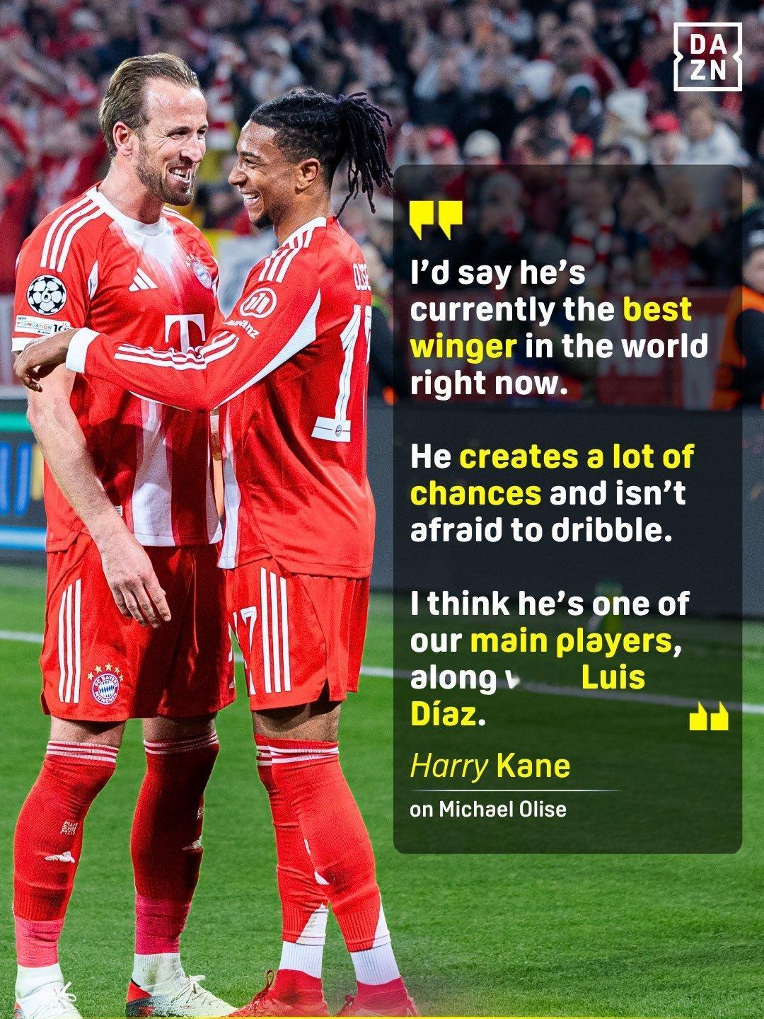 哈里·凯恩评价迈克尔·奥利塞：“我想说他目前是世界上最好的边锋。” 