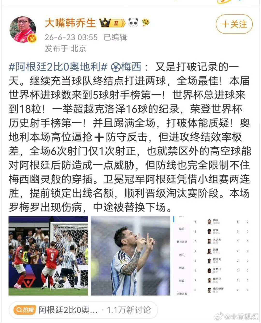 韩乔生谈阿根廷对战奥地利 梅西：又是打破记录的一天。继续充当球队终结点打进两球，