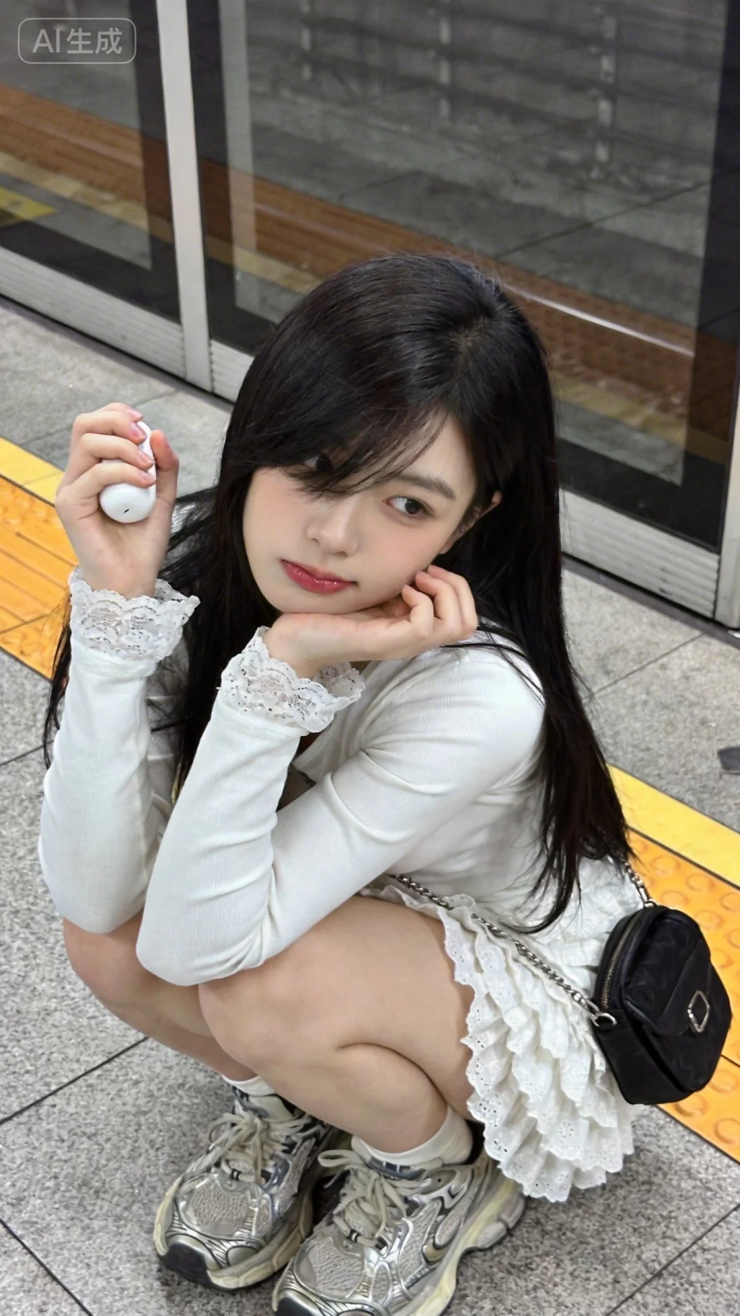 一位长发飘飘模样可爱的女生，上半身特写，冷白皮，小上围，瓜子脸尖下巴，韩系妖治少