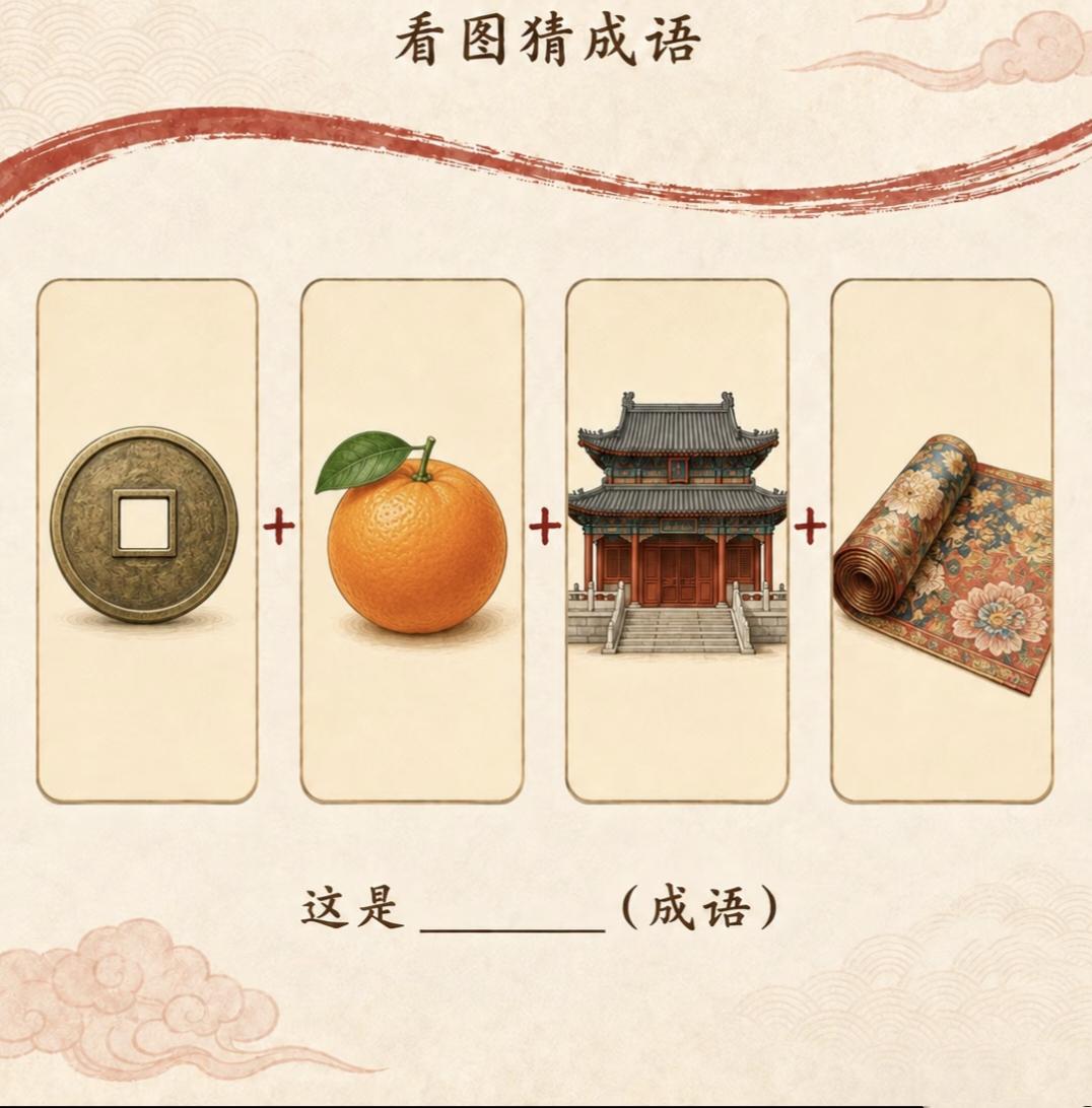  国风看图猜成语，铜钱橙子古楼画卷，来猜答案