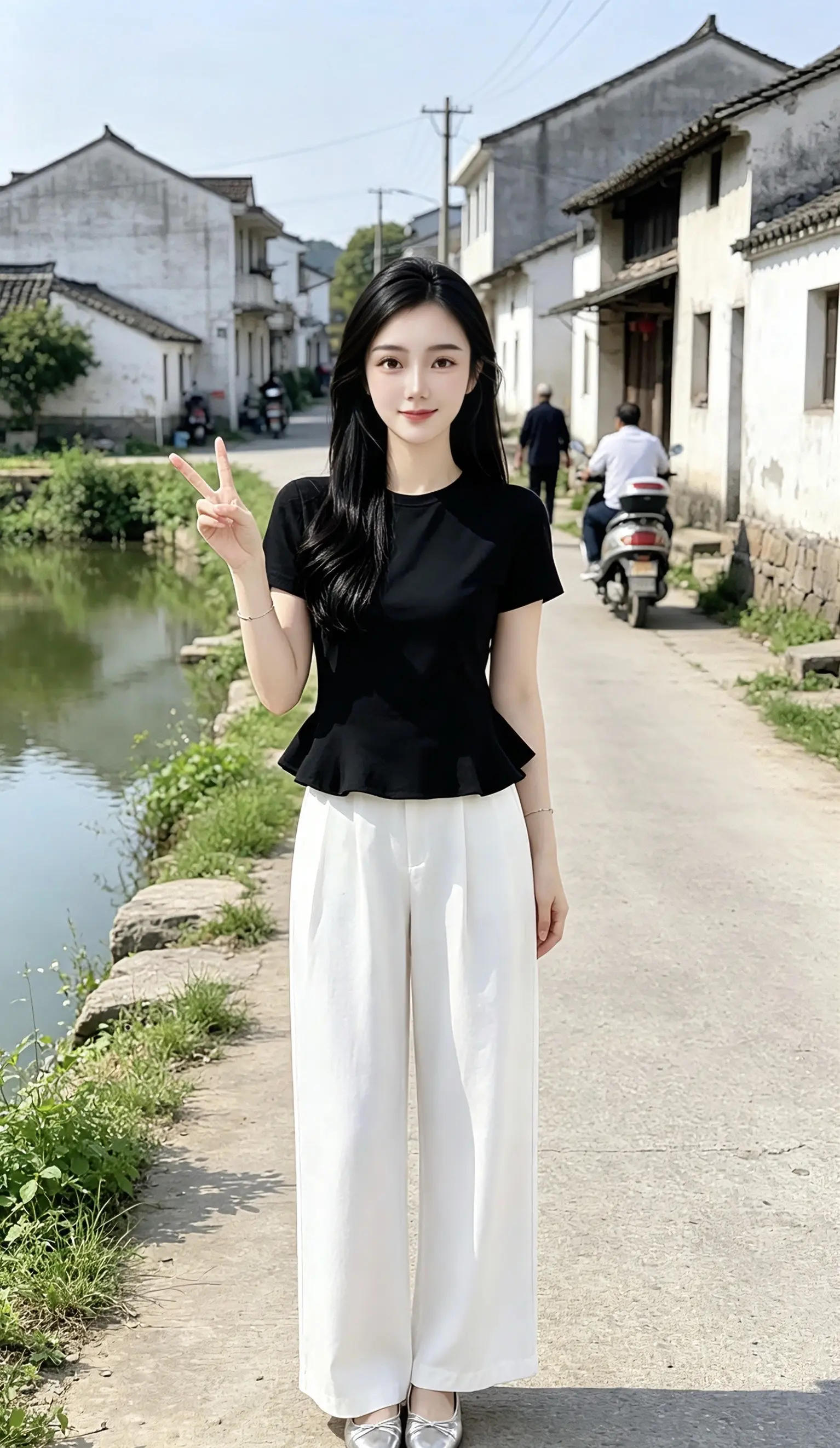 简约气质短袖 气质女神短袖穿搭 黑色上衣高腰阔腿裤