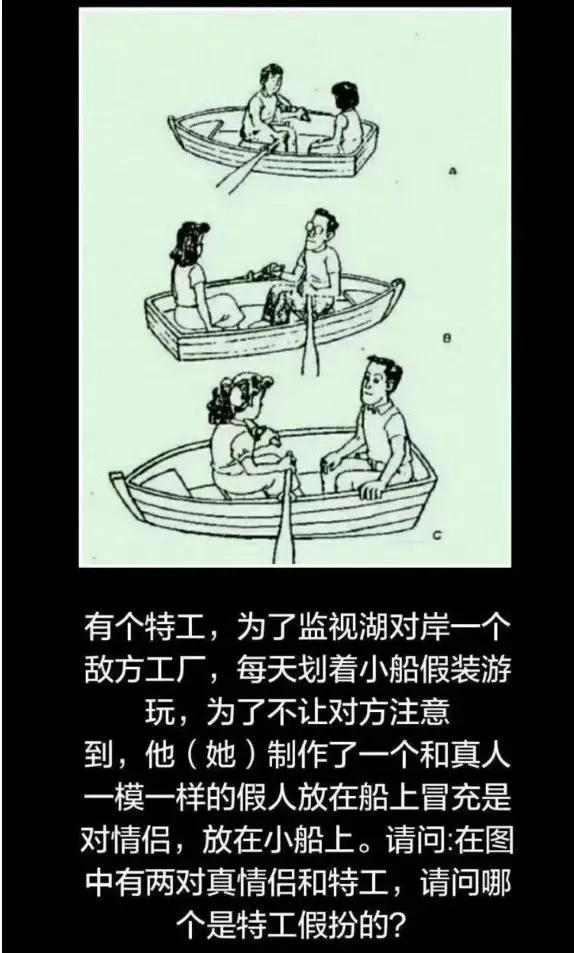 猜C！
理由：吃水深度，男人在船尾，但女人一侧吃水更深，看体型相当，女人应该是男