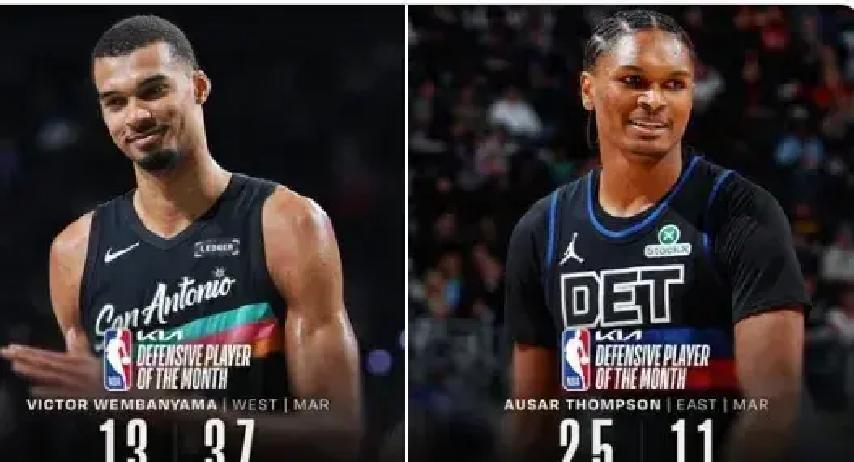 新秀创纪录！文班亚马汤普森分获三月东西部最佳防守球员

4月3日，NBA官方正式