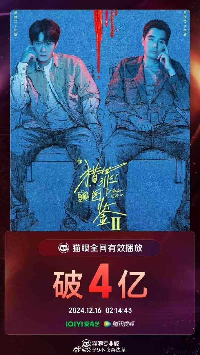 报！！！据猫眼专业版数据，领衔主演网剧《猎罪图鉴2》全网有效播放量破4亿了！ 