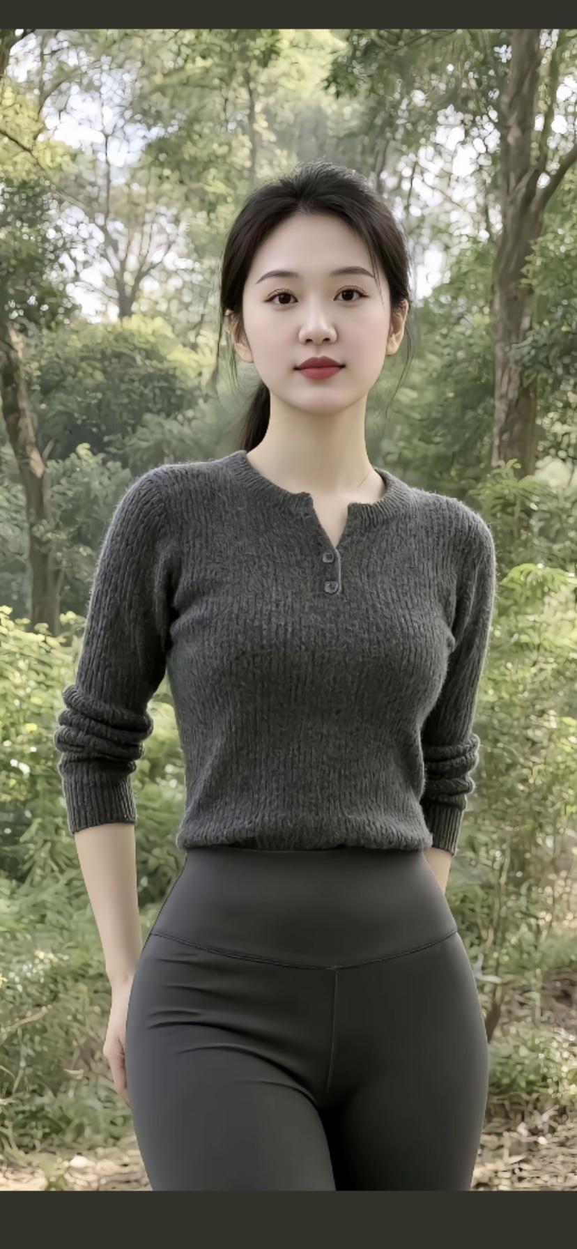 绿树掩映中，佳人立芳丛。