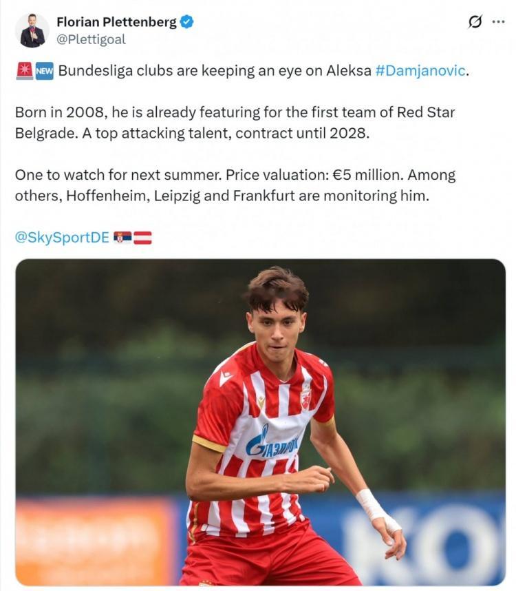 据德国天空体育记者普莱滕伯格报道，德甲俱乐部关注贝尔格莱德红星16岁前锋达姆贾诺
