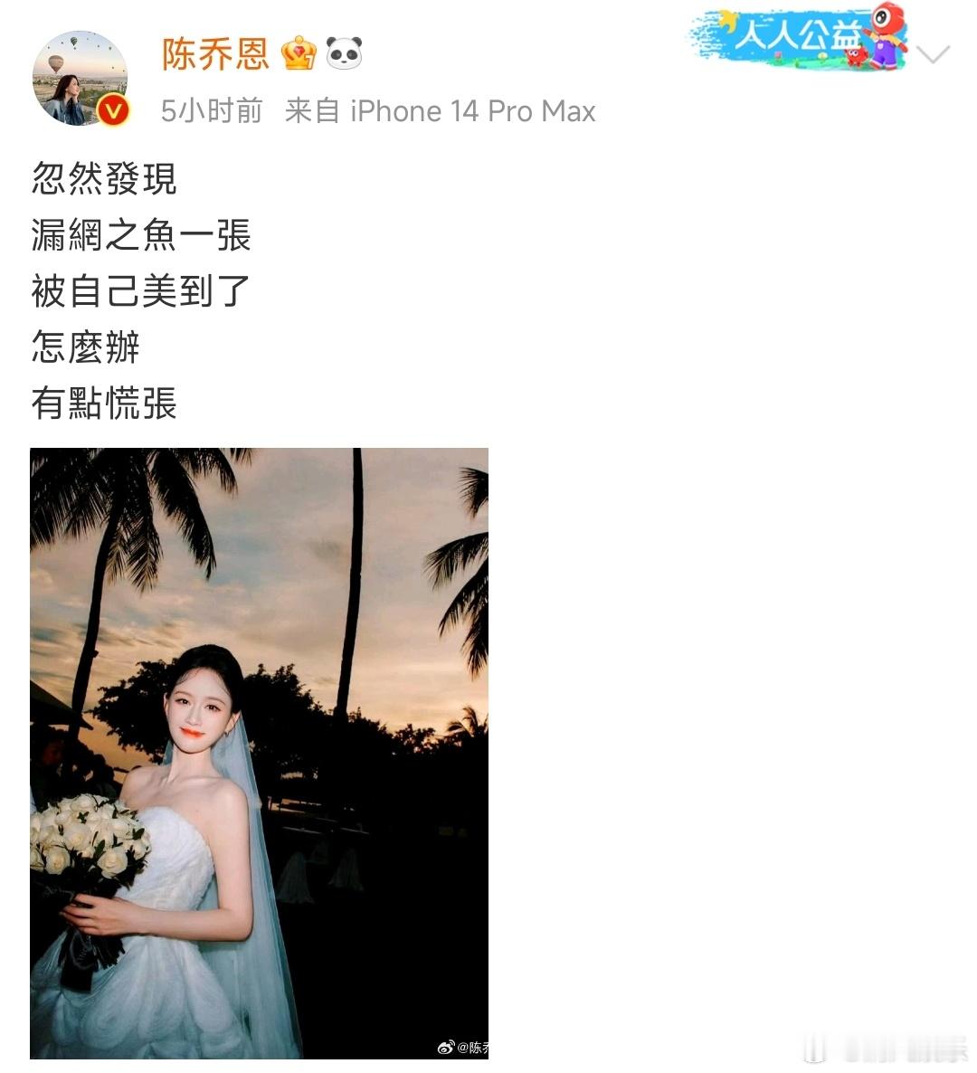 陈乔恩被自己的婚纱照美到了 不仅陈乔恩被美到了，我也被美到了，还有库存吗还想看[
