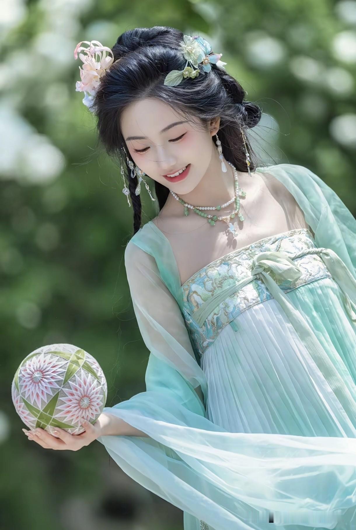 像是从山水画里走出的仙子。
身畔是碧波荡漾的江水，
身后是连绵起伏的青山。
不需