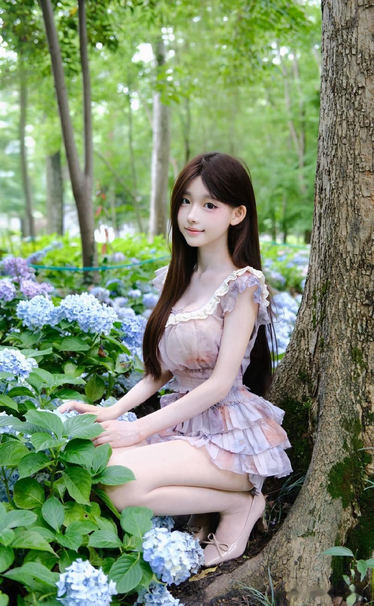 梦幻森林中的少女，与蓝色绣球花共舞