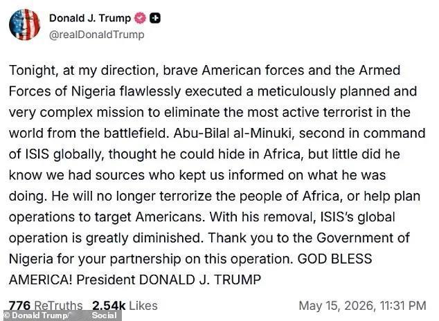 美国总统特朗普在其社交媒体“真实社交”上发布了美国特种部队与尼日利亚军方联合行动