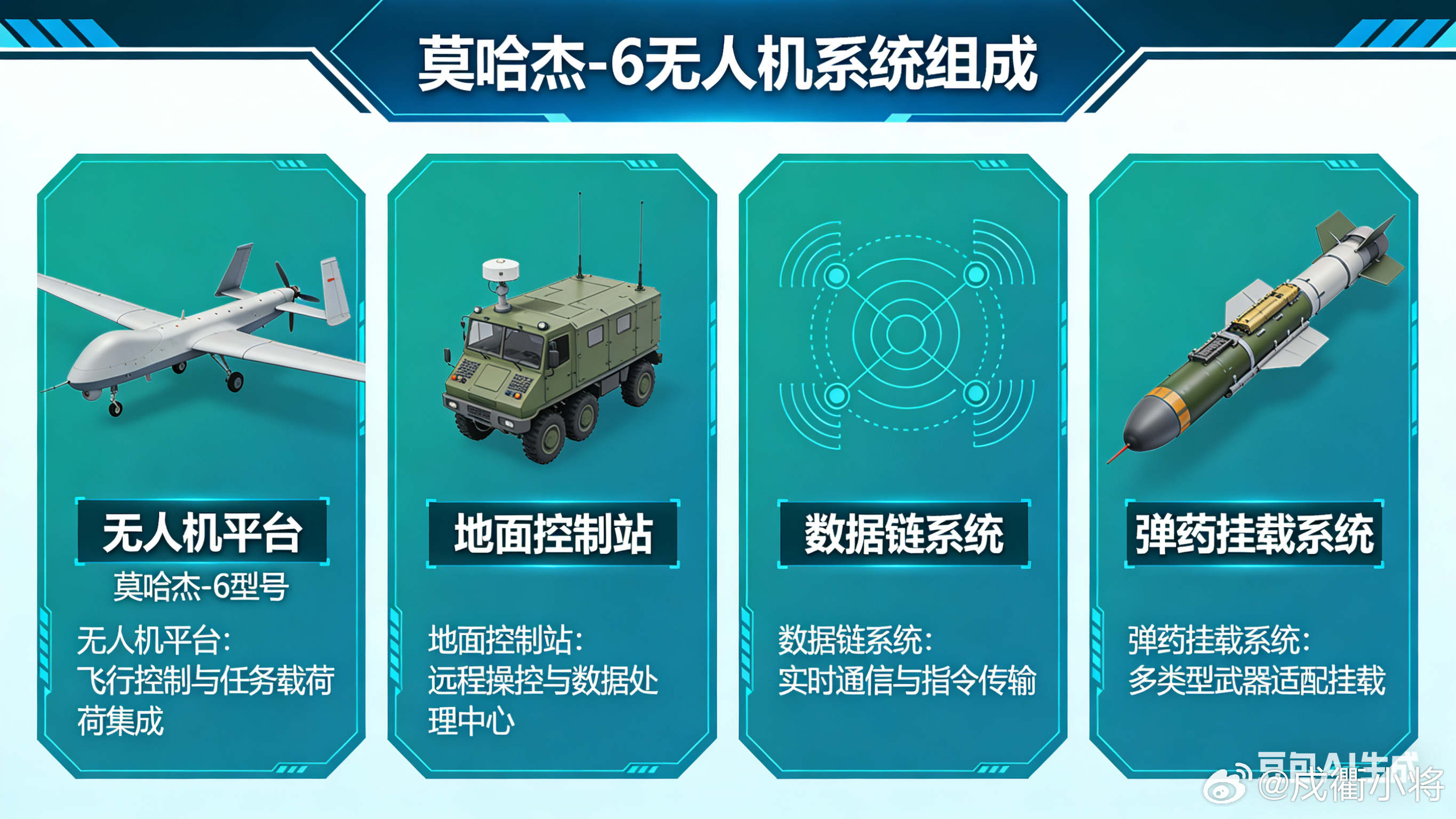 莫哈杰-6是伊朗研制的中空长航时察打一体无人机，采用双尾梁与倒V型尾翼布局，集光