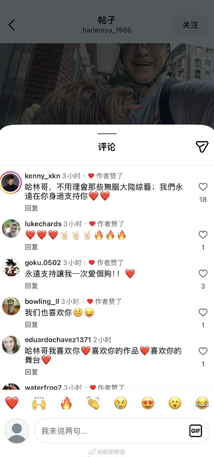 庾澄庆ins点赞的评论 庾澄庆ins点赞“哈林哥不用支持那些大陆无脑综艺，我们永