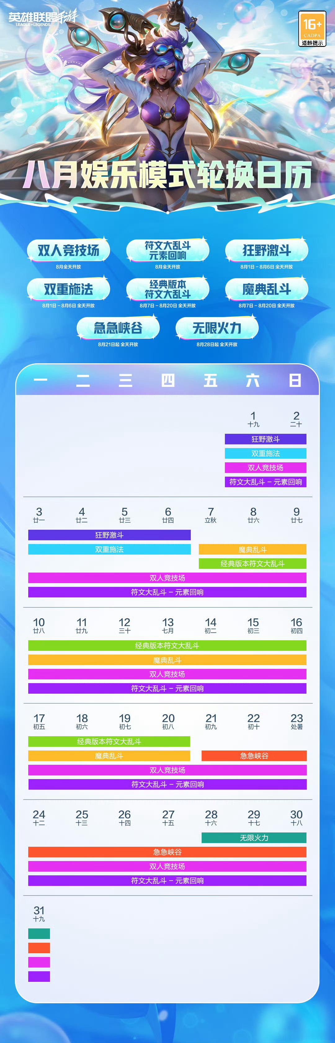 LOL手游共赴盛宴 🎮8月娱乐模式轮换日历！狂野激斗、双重施法、经典版本符文大