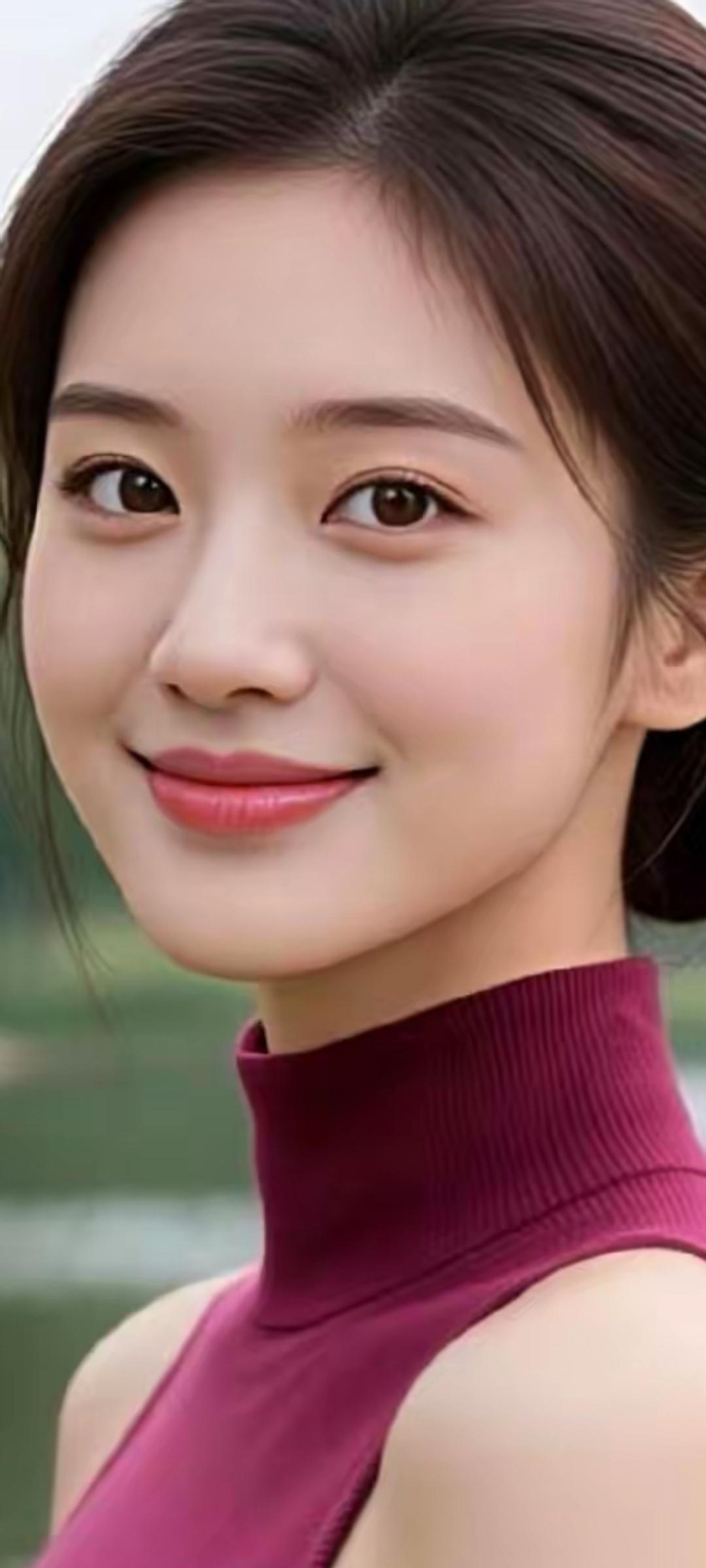 温柔微笑，酒红色高领衫，自然妆容，清新自然。