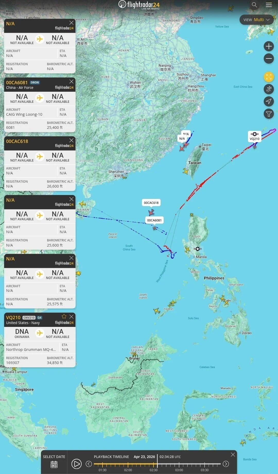 外网消息：中美多架预警/侦察机，在黄岩岛附近斗法！
外网博主根据F24显示的飞机