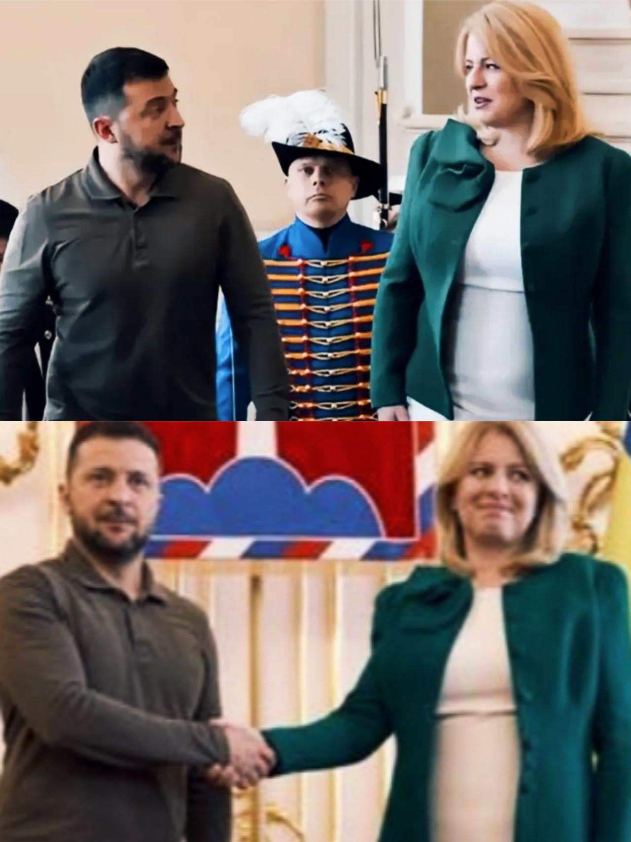 斯洛伐克前总统苏珊娜看向泽连斯基的眼神是什么意思呢？
苏珊娜跟泽连斯基握手时，抿