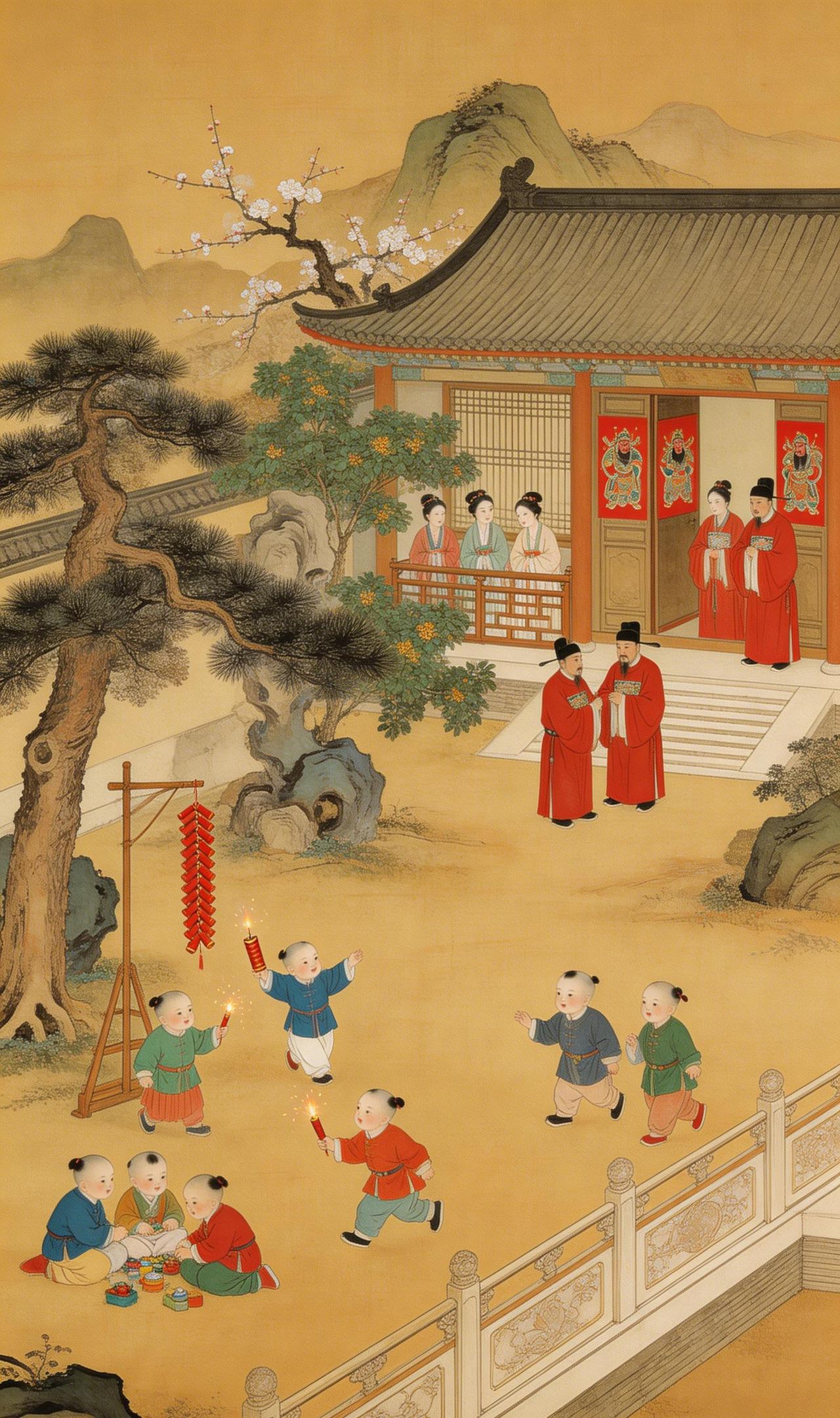 《岁朝欢宴图》——明代仕宦家族的春节盛景
岁朝之日，春意初萌。这幅《岁朝欢宴图》