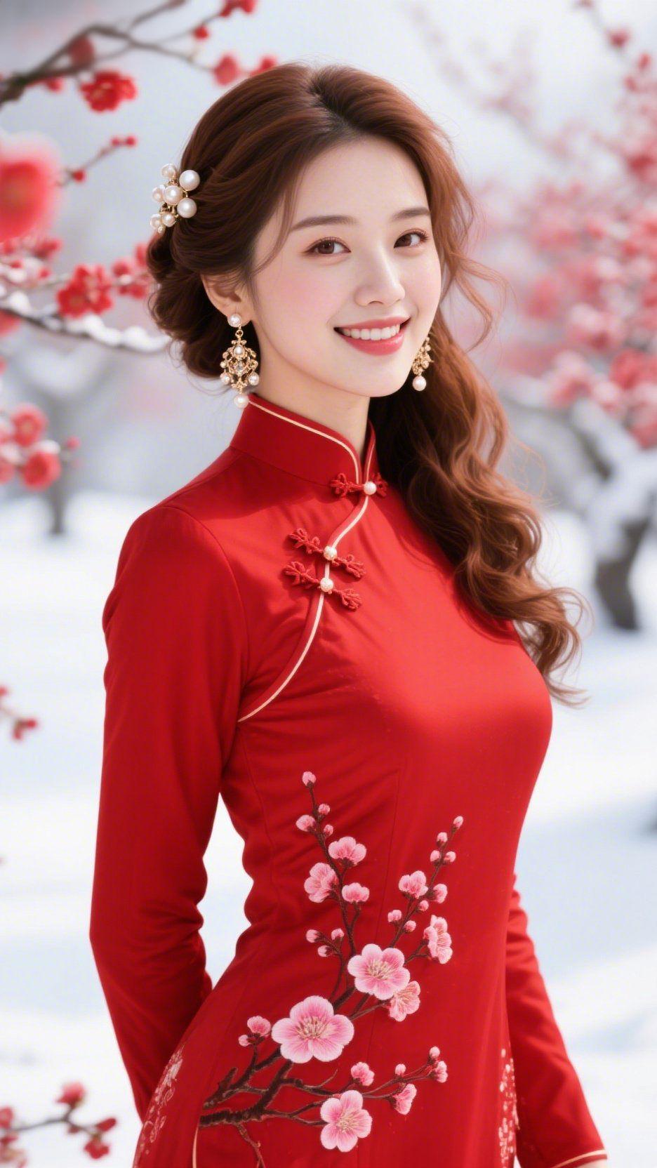 《红衣伴雪梅生香》
 
雪色裹满梅枝时，她立在霜白里，红衣像裁了冬阳的暖作衣料。