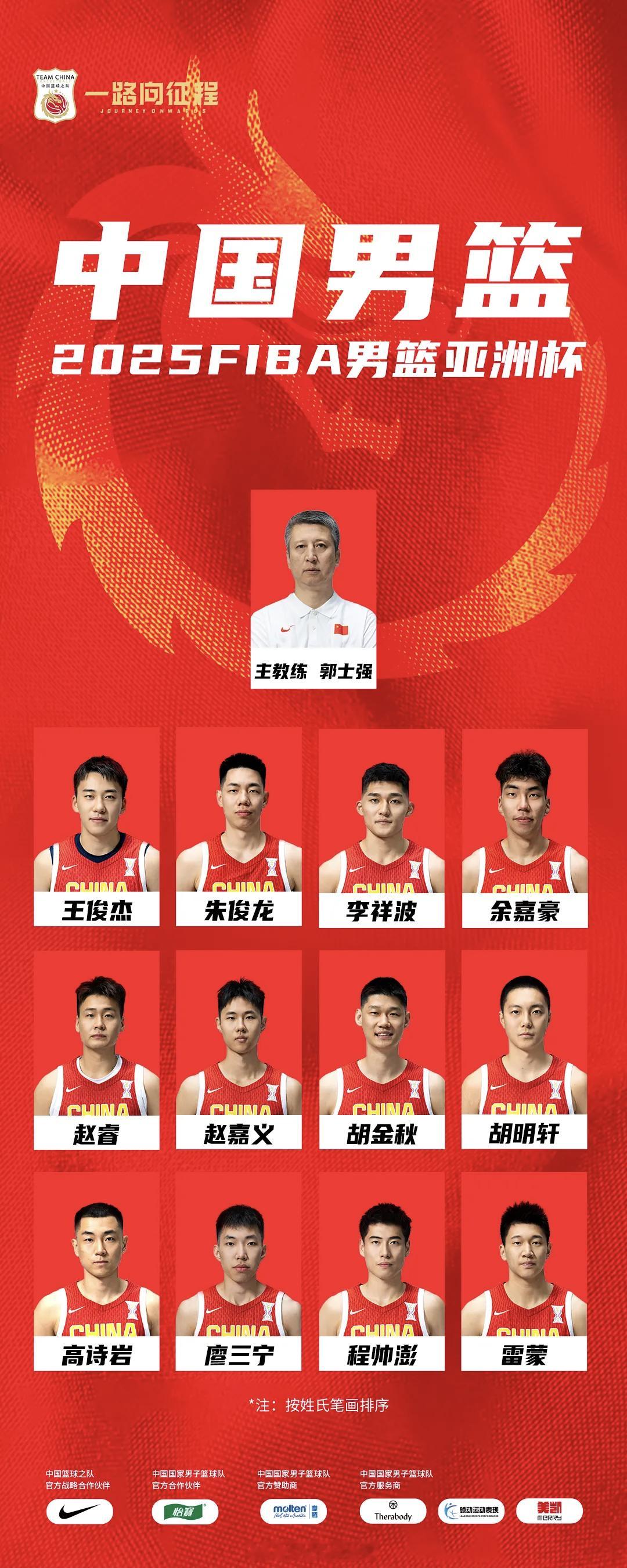 中国男篮2025男篮亚洲杯正式阵容出炉：徐杰、张宁落选。明晚中国男篮将开启小组赛