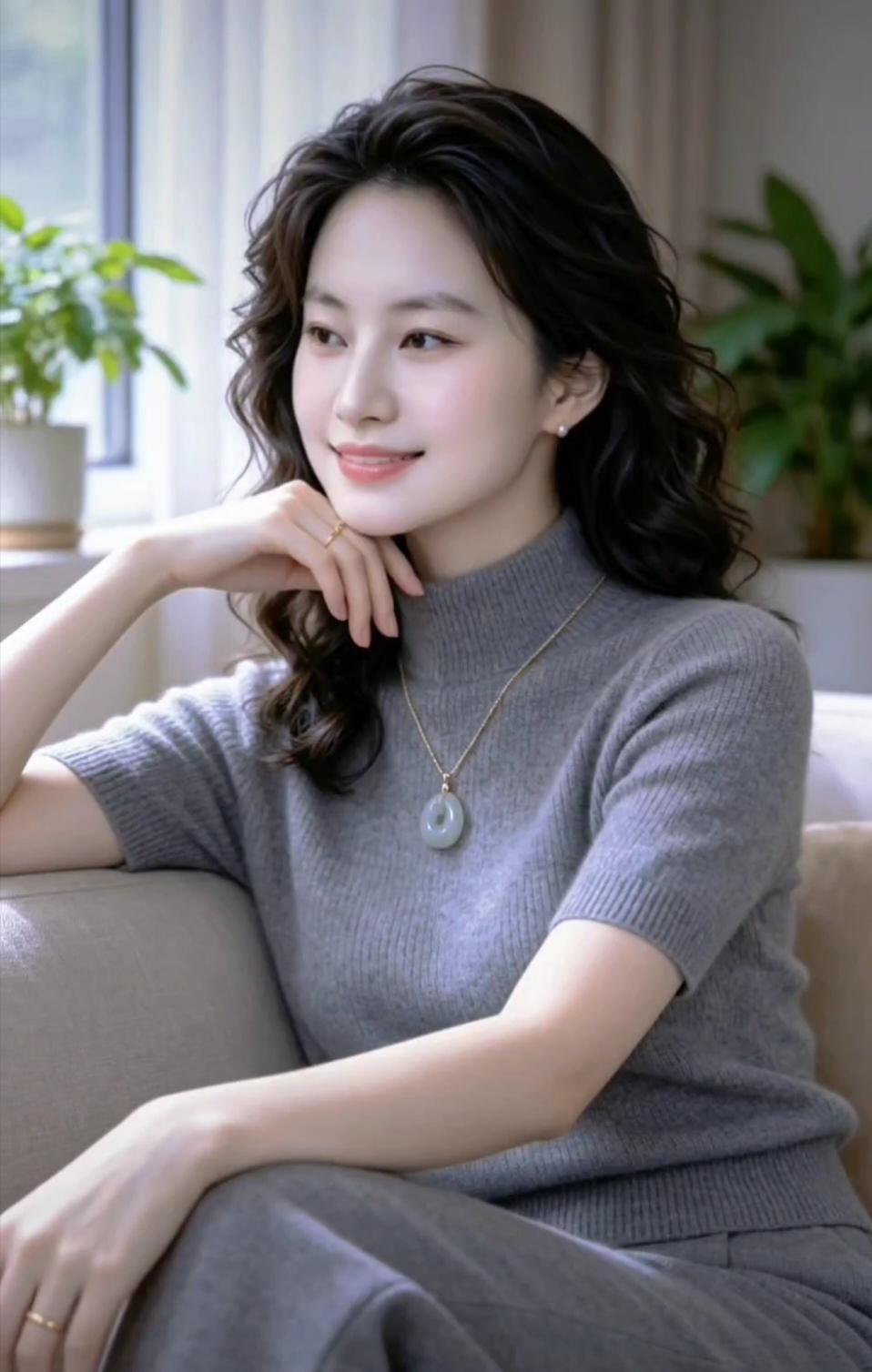 这位美女坐在沙发上，笑容甜美。