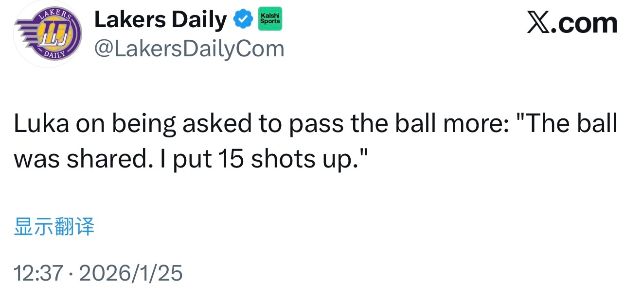 东契奇被要求更多分享球，他回应道：“球权已经分享了，我只出手了15次。” 