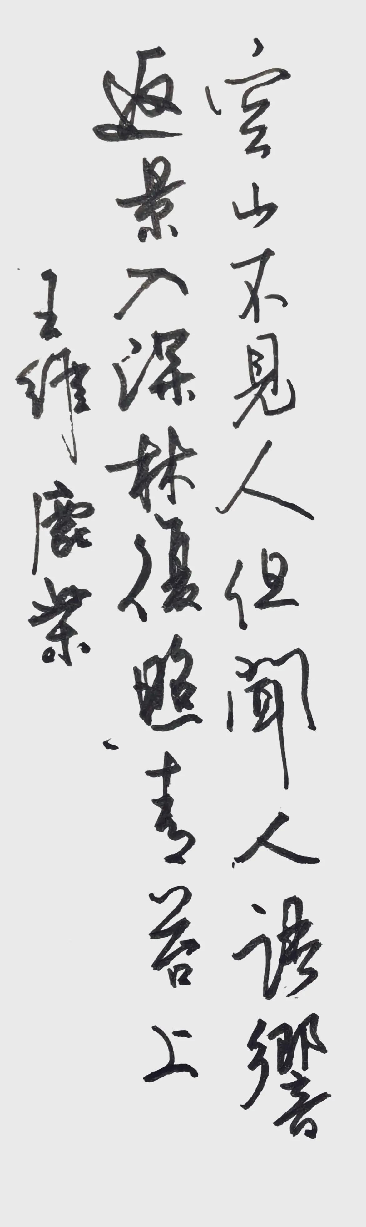 美工笔书写王维《鹿柴》
空山不见人，但闻人语响。
返景入深林，复照青苔上。
简评