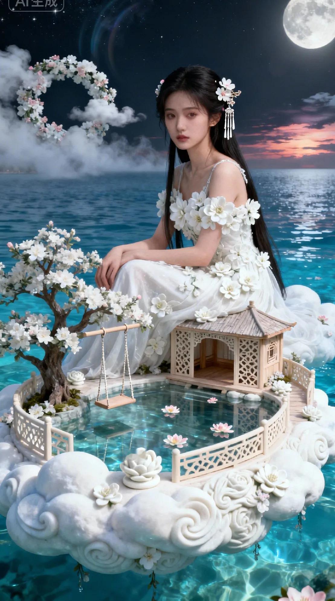 这是坠入人间的月中仙吗？
 
她栖于云屿之上，白裙缀满繁花，发间银饰摇落星子。脚