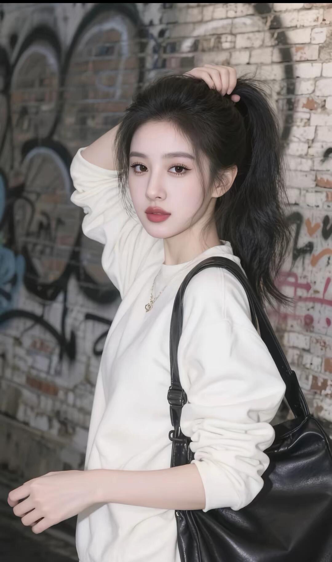 都市少女风，白色卫衣搭配黑色包包，涂鸦墙前凹造型。