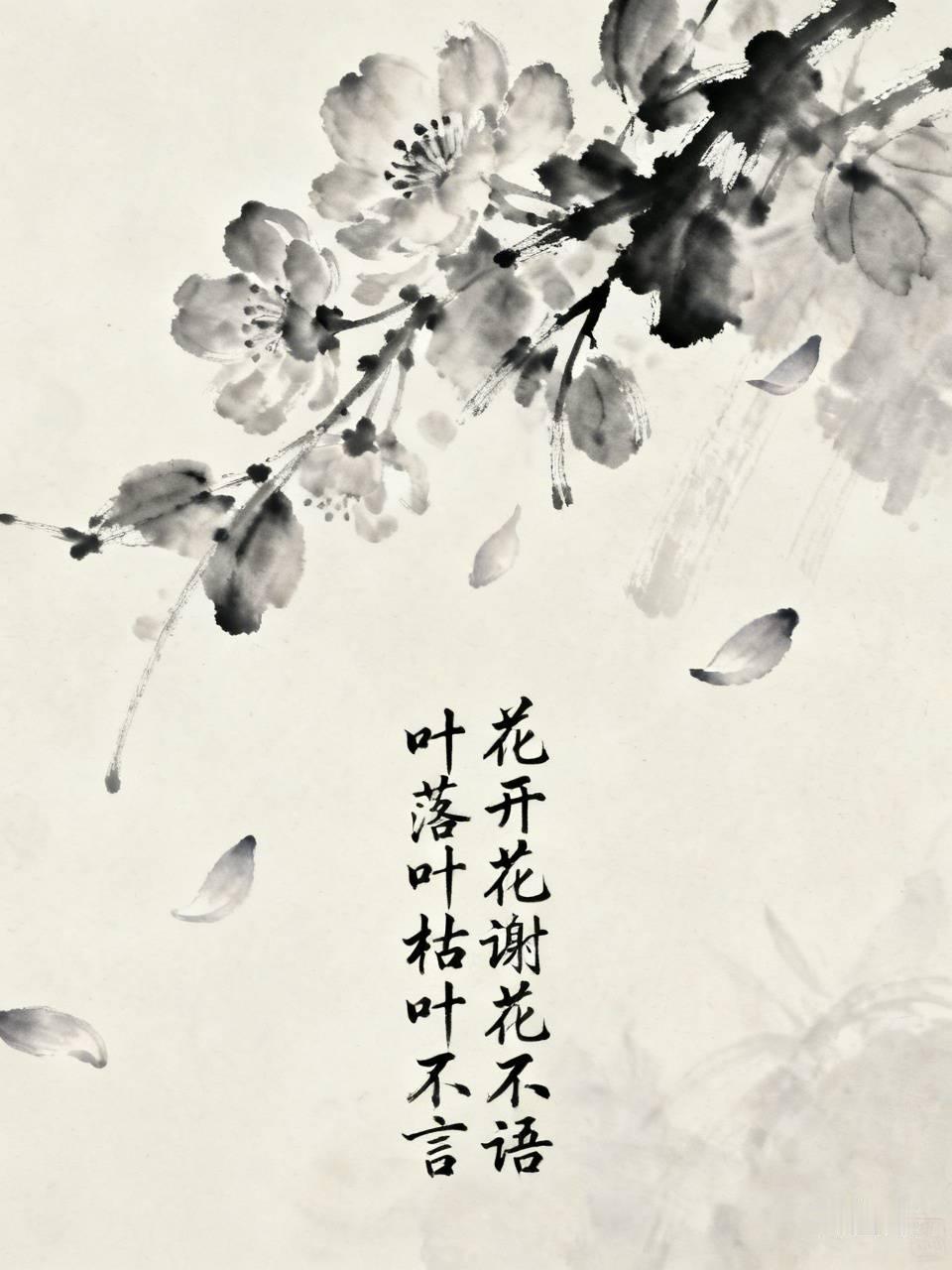 上联：花开花谢花不语，
下联：叶落叶枯叶不言。