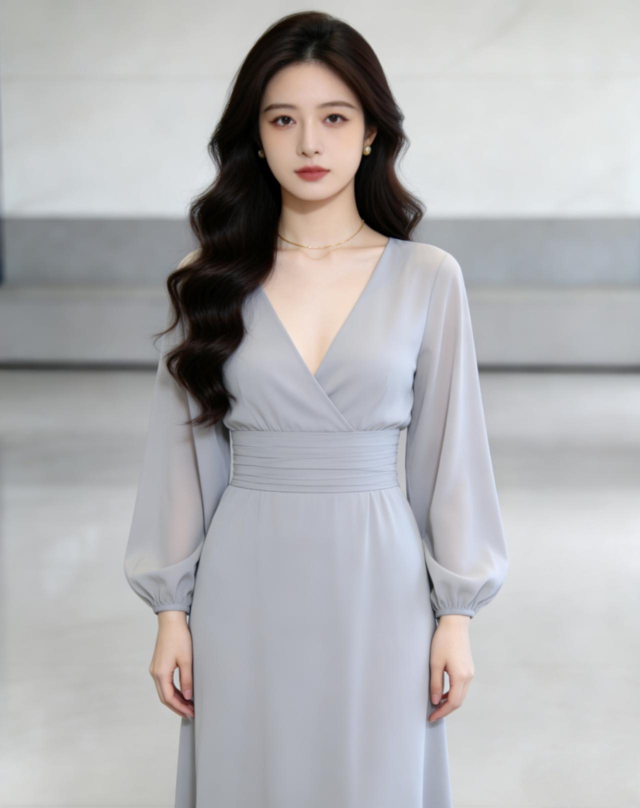 什么样的穿搭可以成为气质女神?
天生丽质，浅灰色V领宽袖收腰连衣裙，穿在她的身上