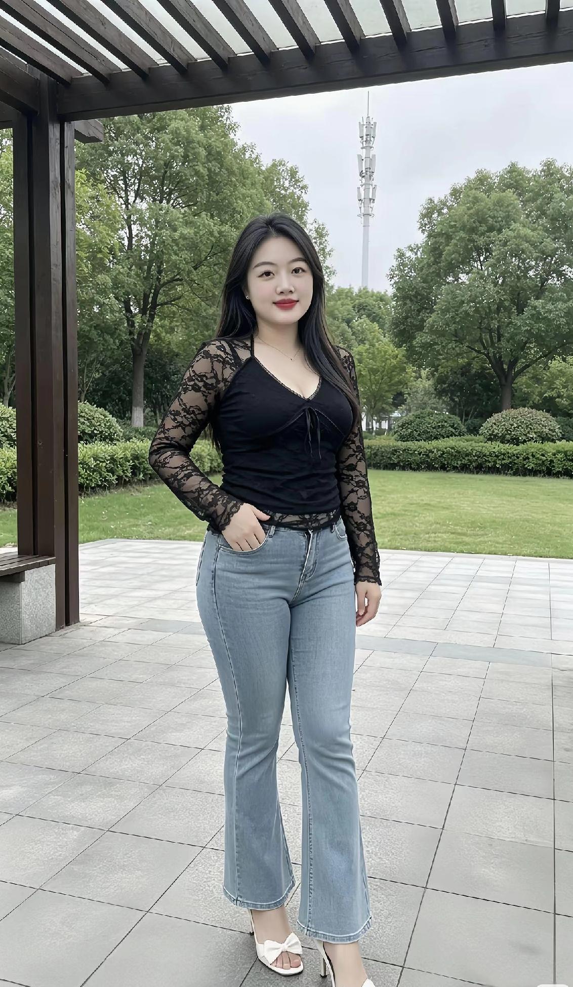 这位美女穿着时尚，在公园里拍照。