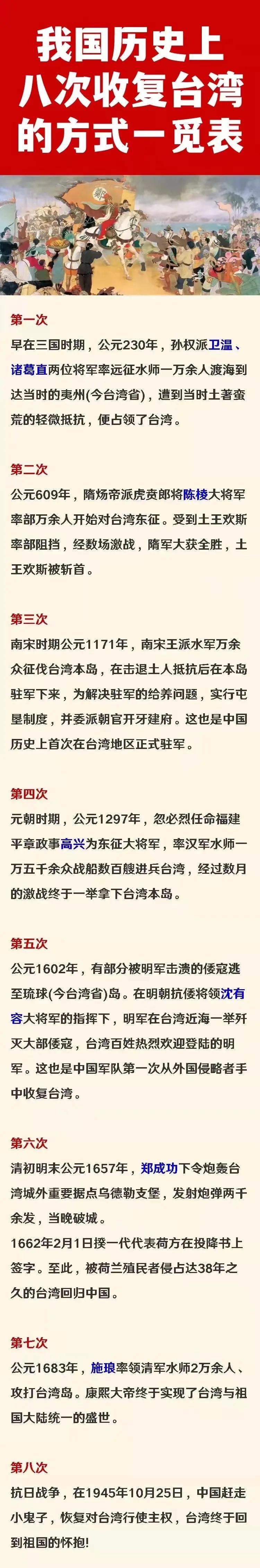 第一次：孙权用武力收复台湾；
第二次：隋炀帝用武力收复台湾；
第三次：南宋用武力