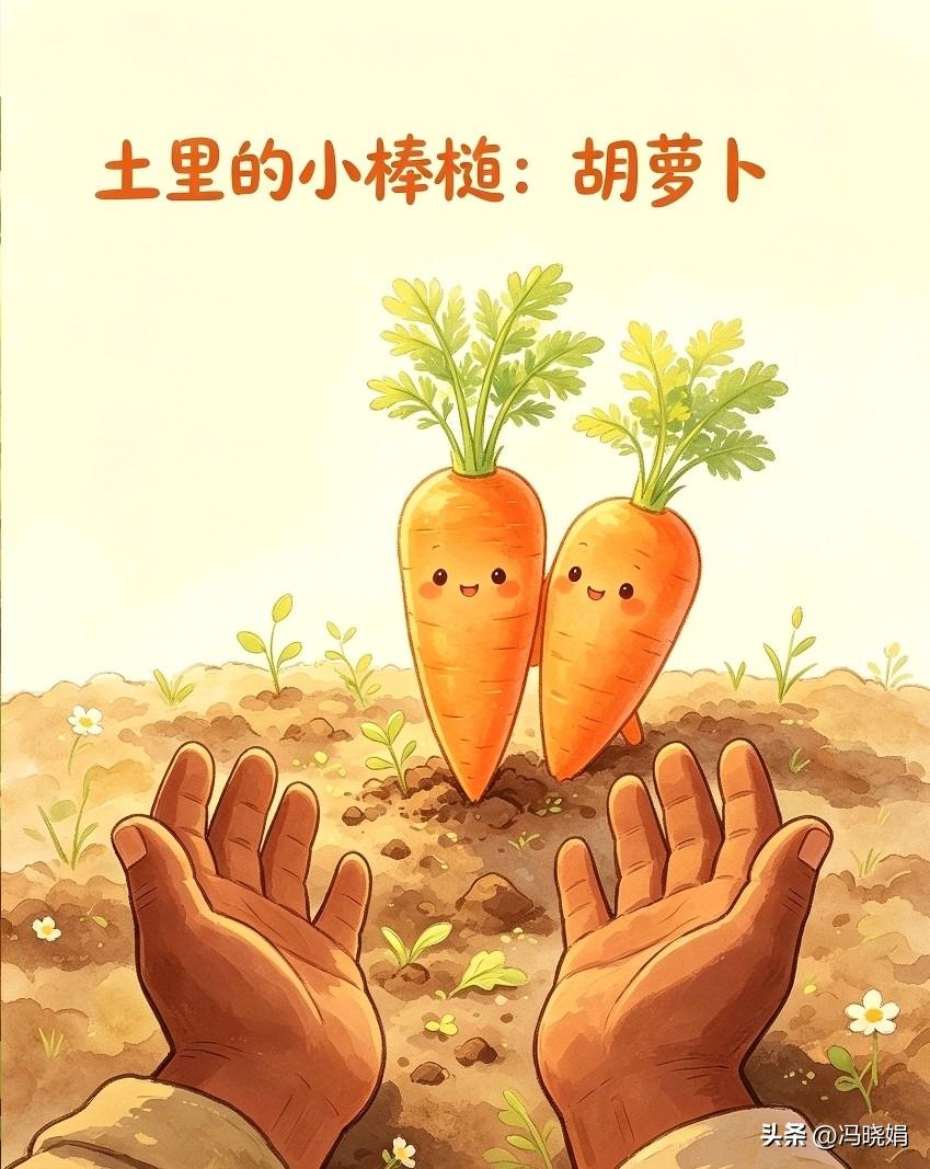🌙✨🥕
蔬菜系列儿童诗（五）
《土里的小棒槌——胡萝卜》

头上圆圆
脚底尖