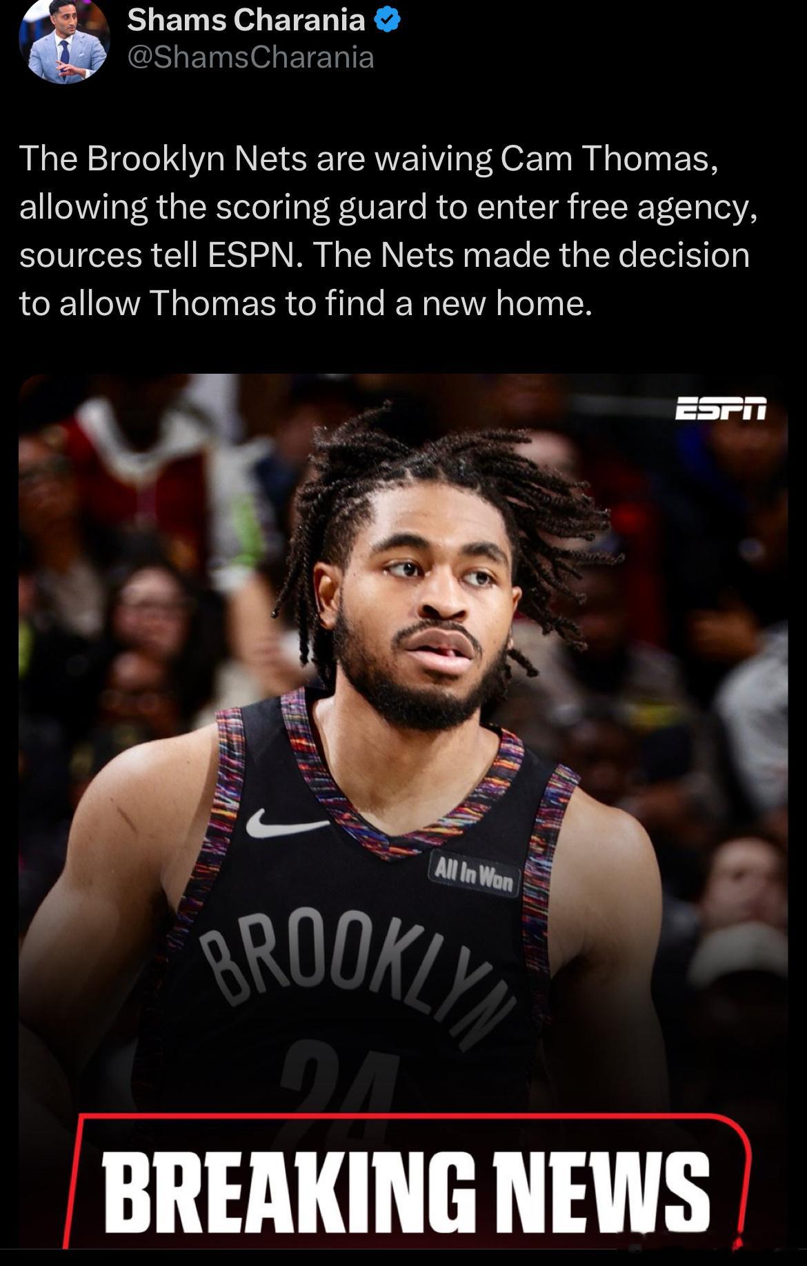 Shams：篮网裁掉了卡姆-托马斯！！这允许他另寻下家 