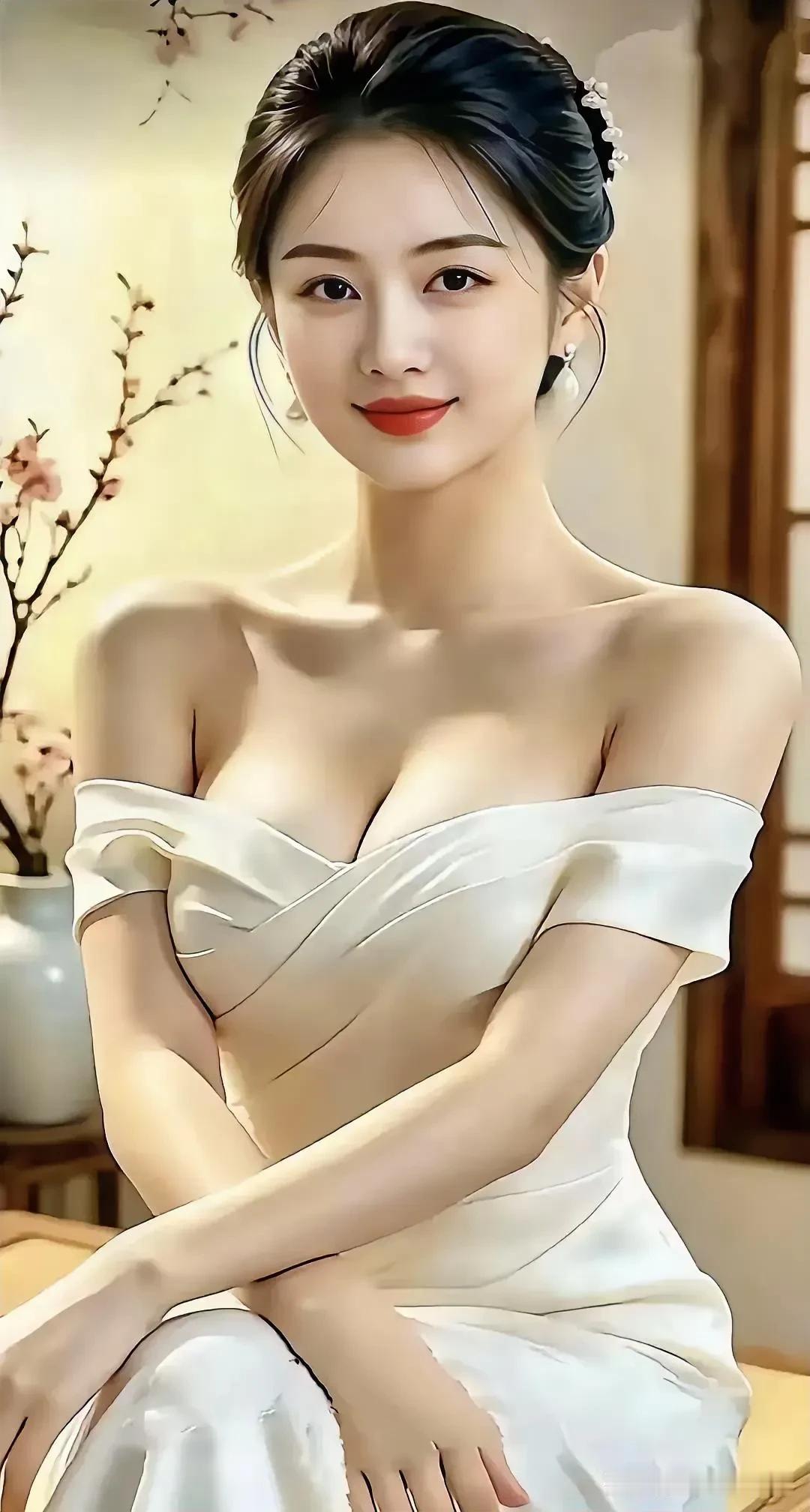玉髻簪轻蕊，幽窗映素裳。
眸清涵浅月，唇艳凝暗香。
静对花枝软，闲凝雅态长。
温