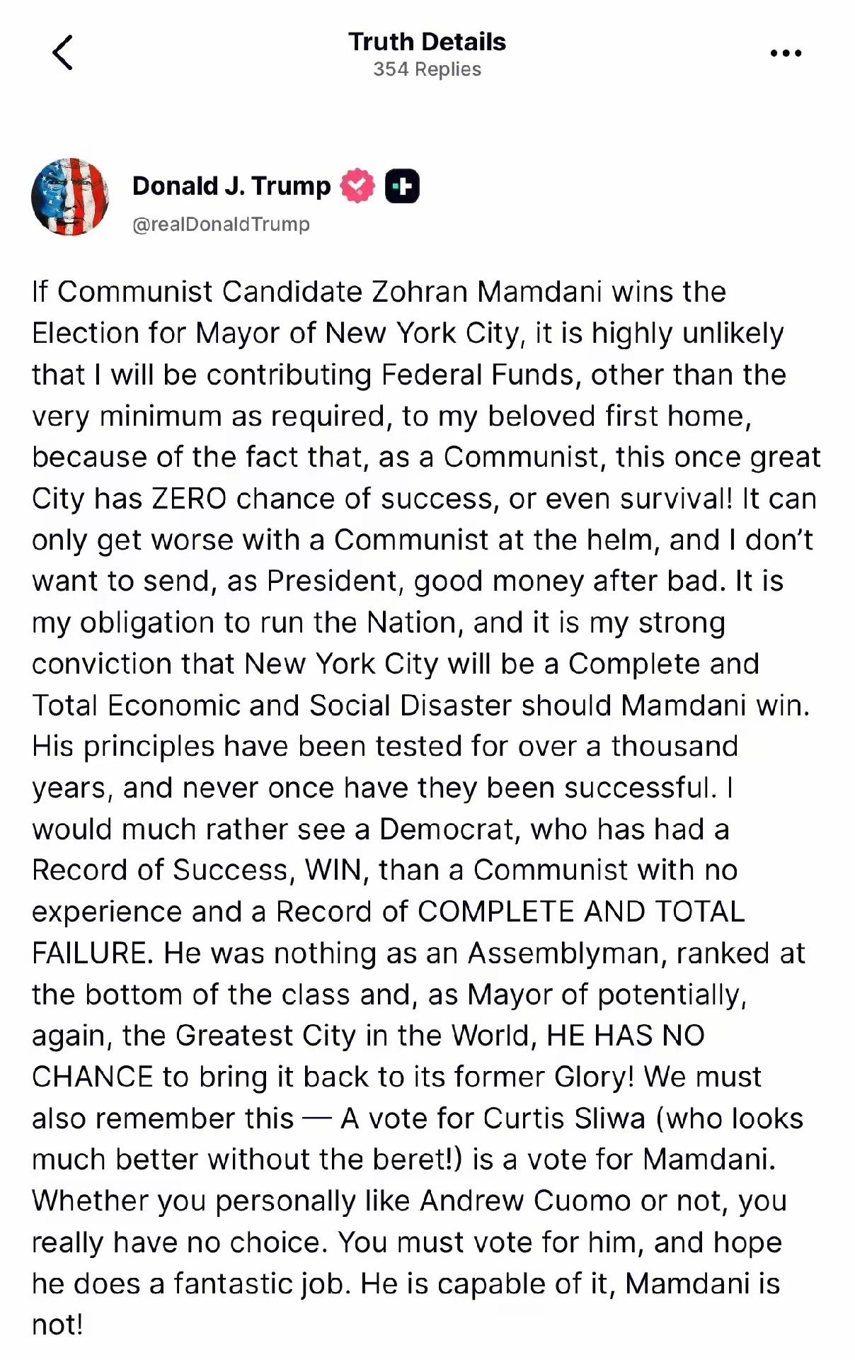 共产主义者——马姆达尼或赢得纽约市市长选举！
为了阻止马姆达尼获胜，特朗普亲自下