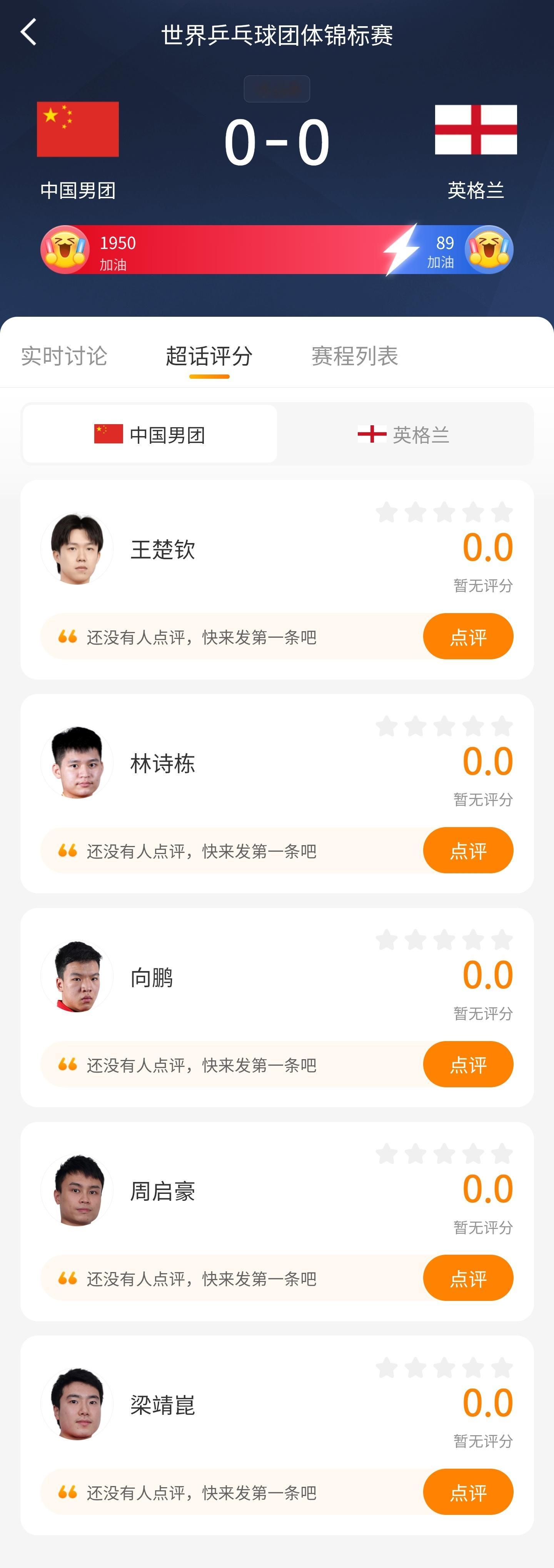 乒乓球一人一句话安利国乒中国男团vs英格兰  比赛进行中，本场比赛的「超话评分」