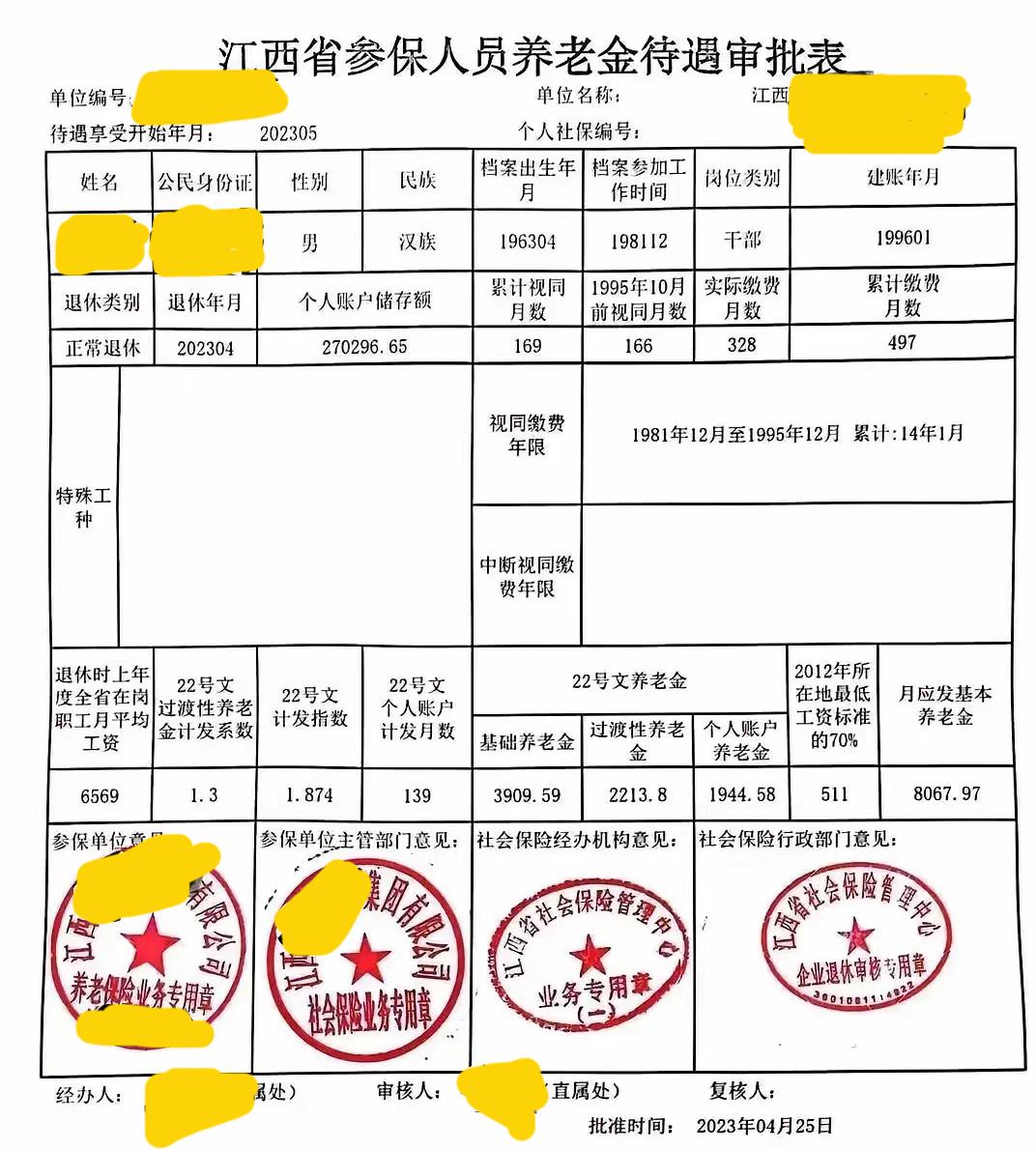 这种格式的江西省参保人员养老金待遇审批表第一次见。​

他1963年4月出生，​