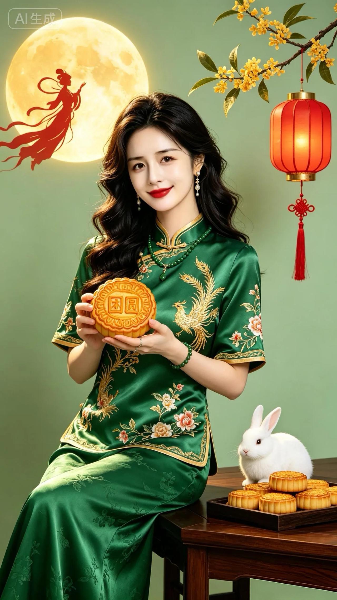 原创七绝●月圆饼甜  

中秋月亮现嫦娥，
玉兔尝饼细咀磨。
桂翠花香香四溢，