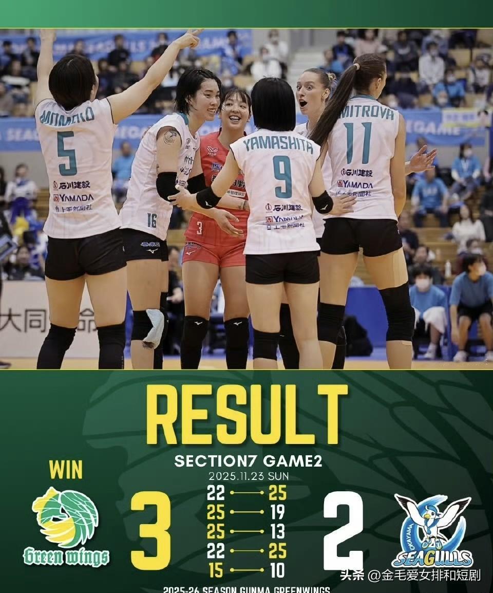 冈山海鸥2-3（25-22/19-25/13-25/25-22/10-15）群马