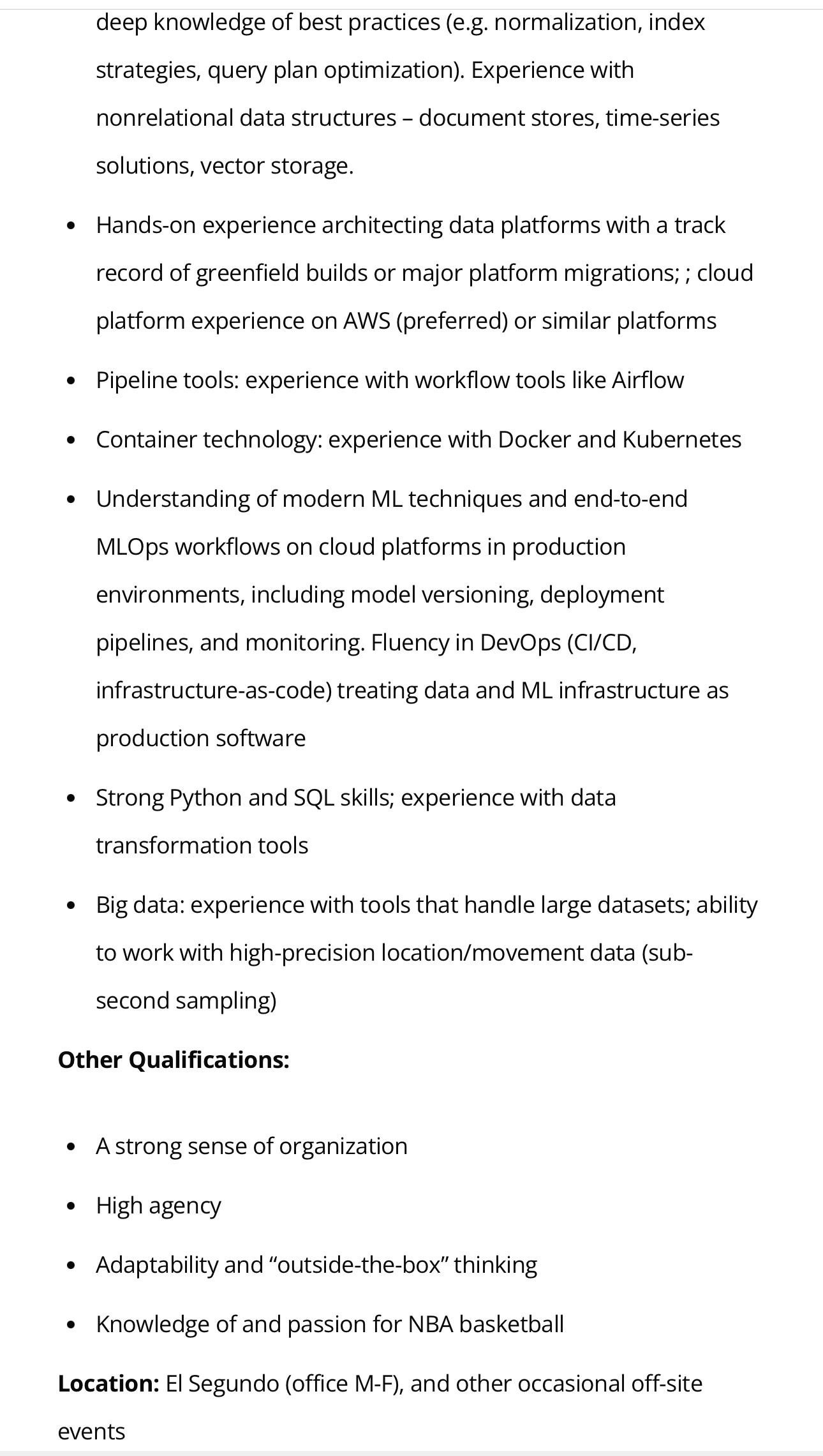 湖人诚聘英才，各位懂球帝行动起来！洛杉矶湖人队招聘高级数据工程师：• 岗位名称：