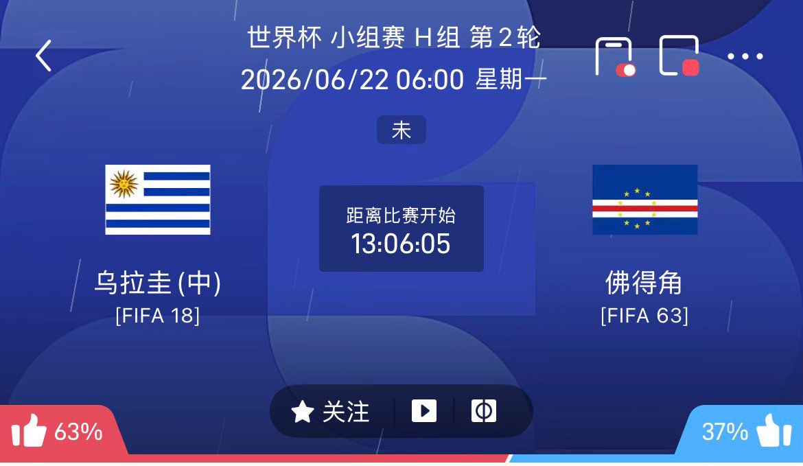 周日039：世界杯   乌拉圭VS佛得角2026.6.26      06：00