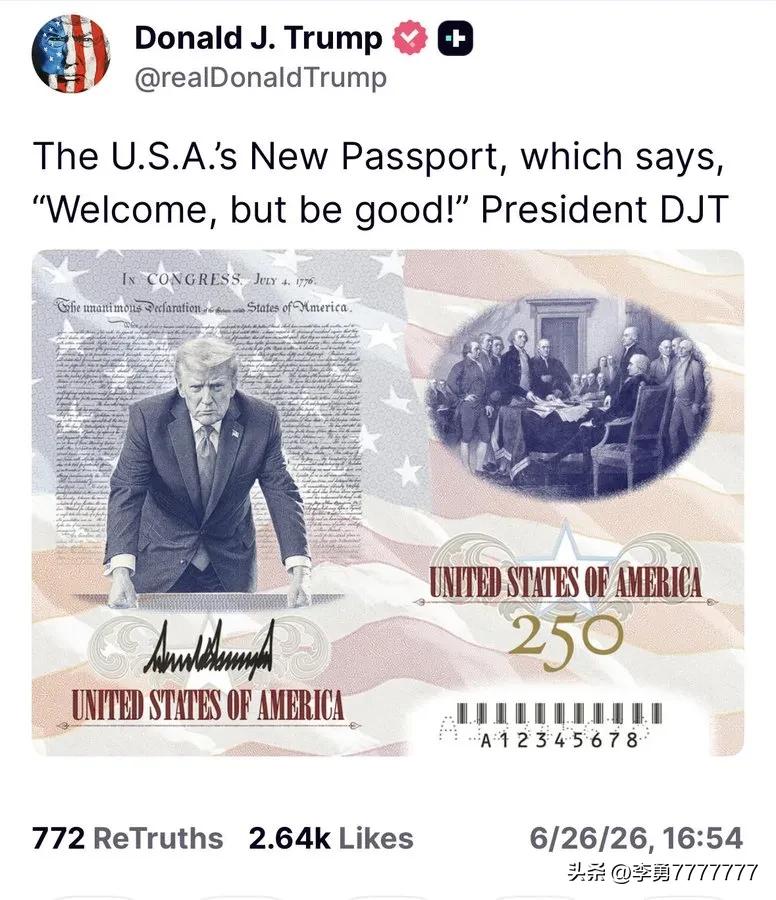 美国总统川普，最虔诚的基督徒，刚刚宣布颁布新版美国护照。护照印着：欢迎来美国，但