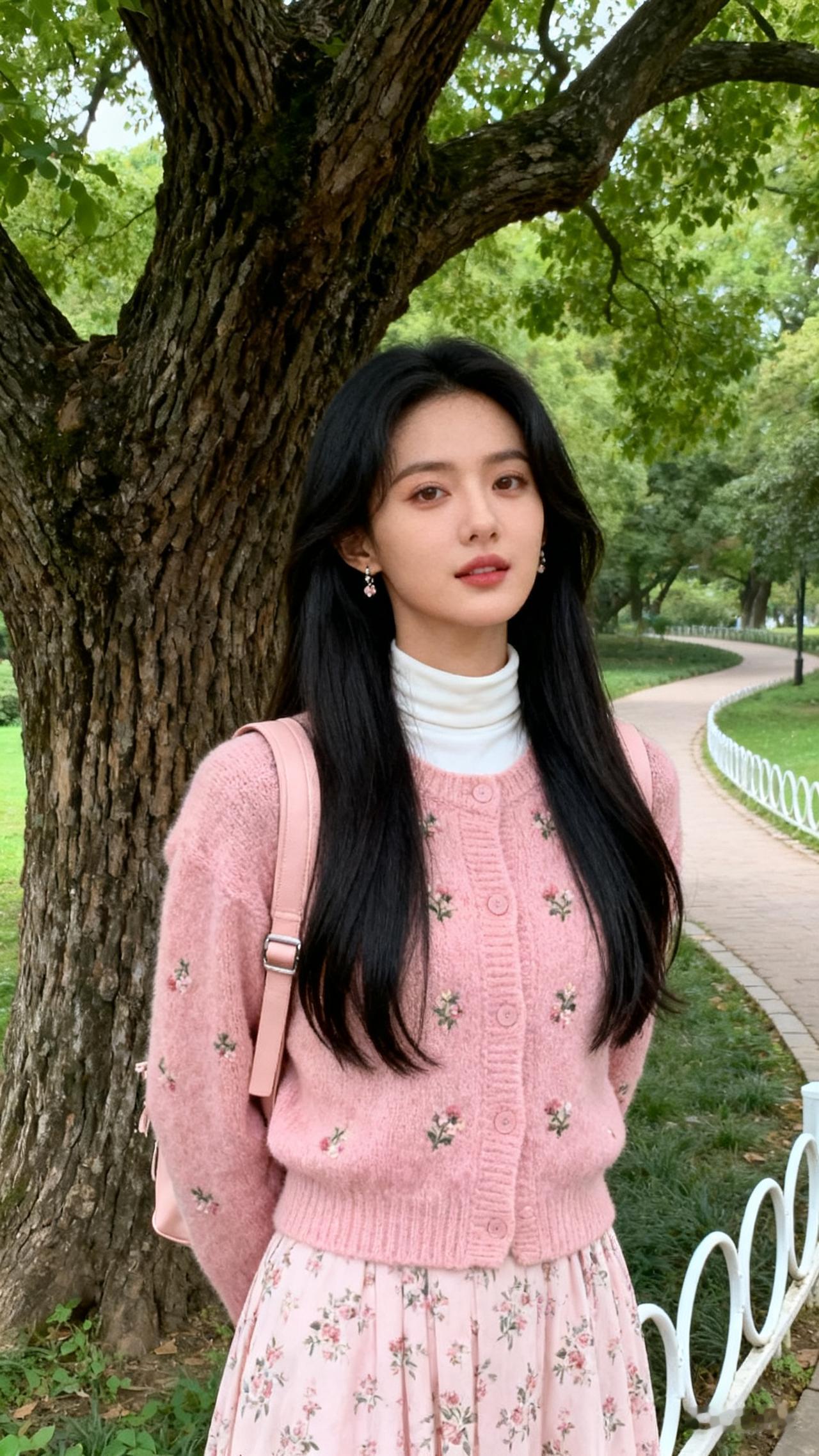 妩媚女子黑长直发垂落，耳饰点缀。粉纹针织开衫叠穿白高领与浅粉碎花裙，浅粉背包斜挎