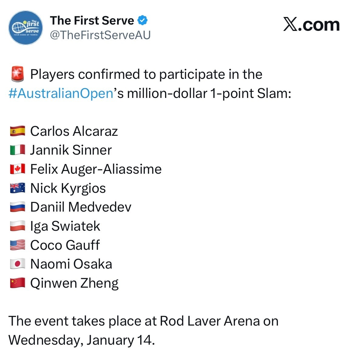 郑钦文将参加明年澳网一球制胜，距离开赛也就20天的时间咯，希望小郑拿到巨额奖金这