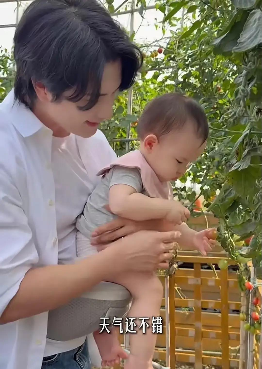 张檬小五推着Dylan在小区花园遛弯，小家伙戴粉色口水巾，肉胳膊像藕节。
我隔着