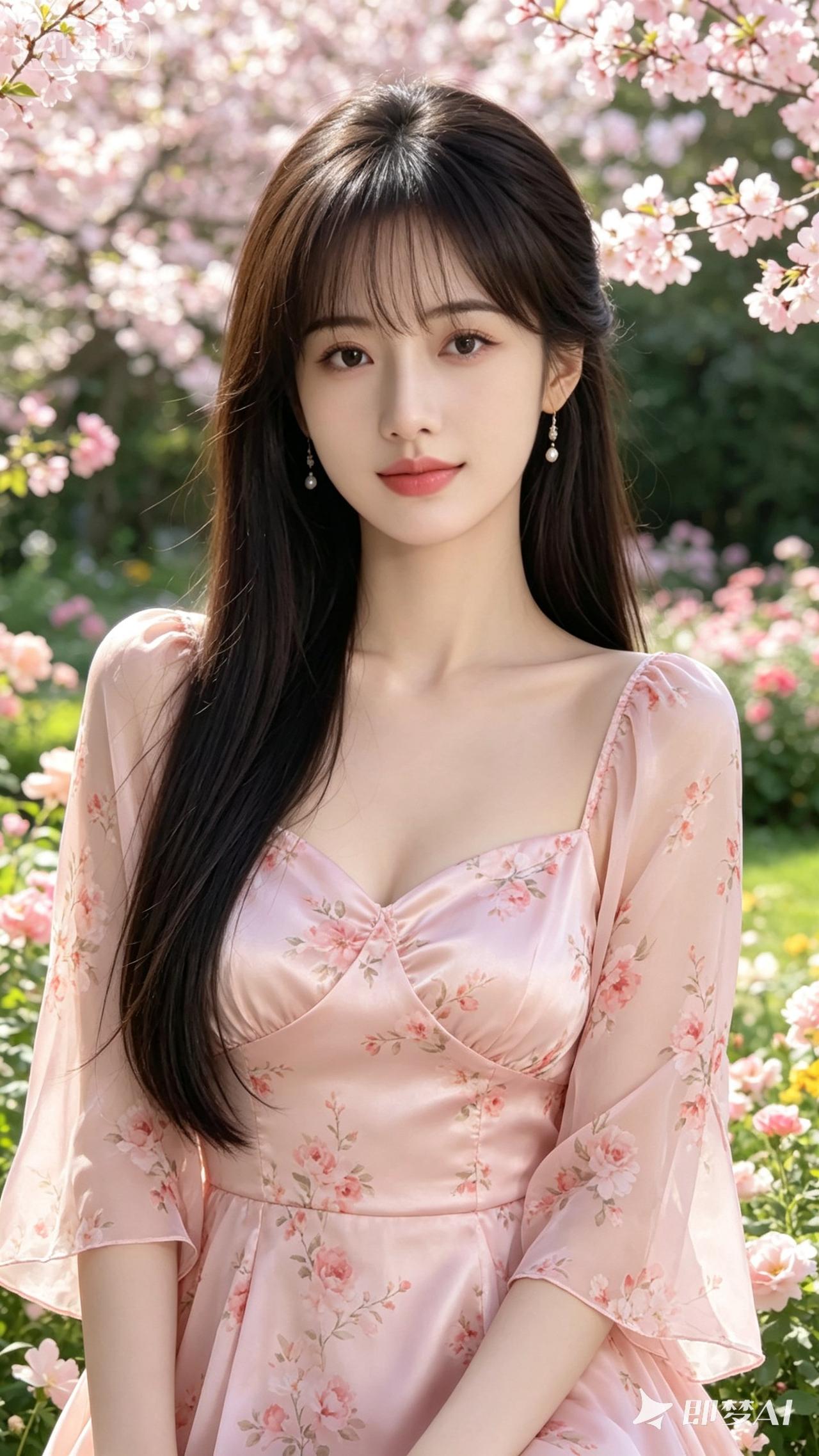 樱花树下，温柔少女，粉色花裙，春日浪漫