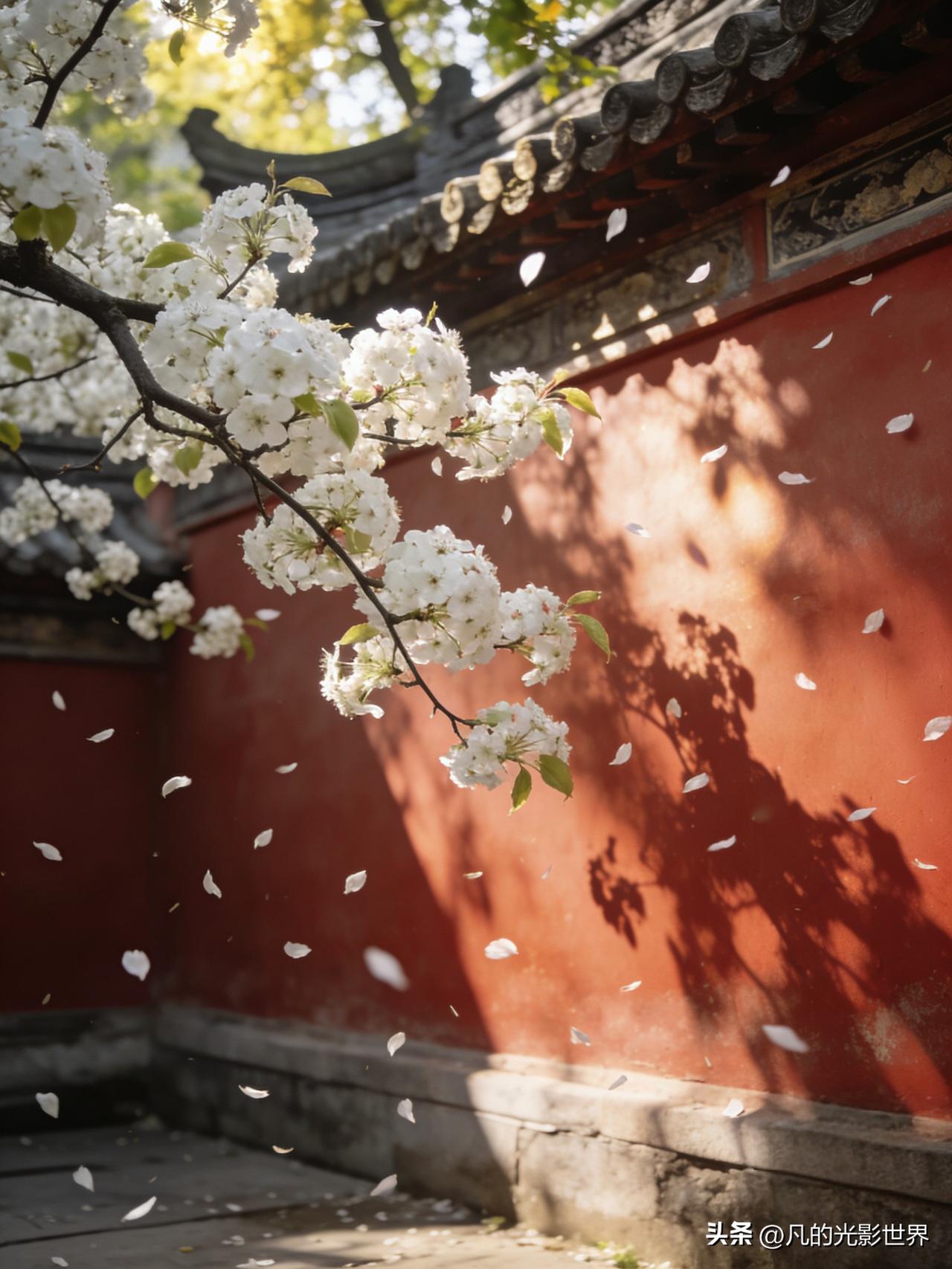 我的一个朋友一直想拍寺庙红墙花盛开的照片，春天正是赏花时，红墙梨花，那画面想想就