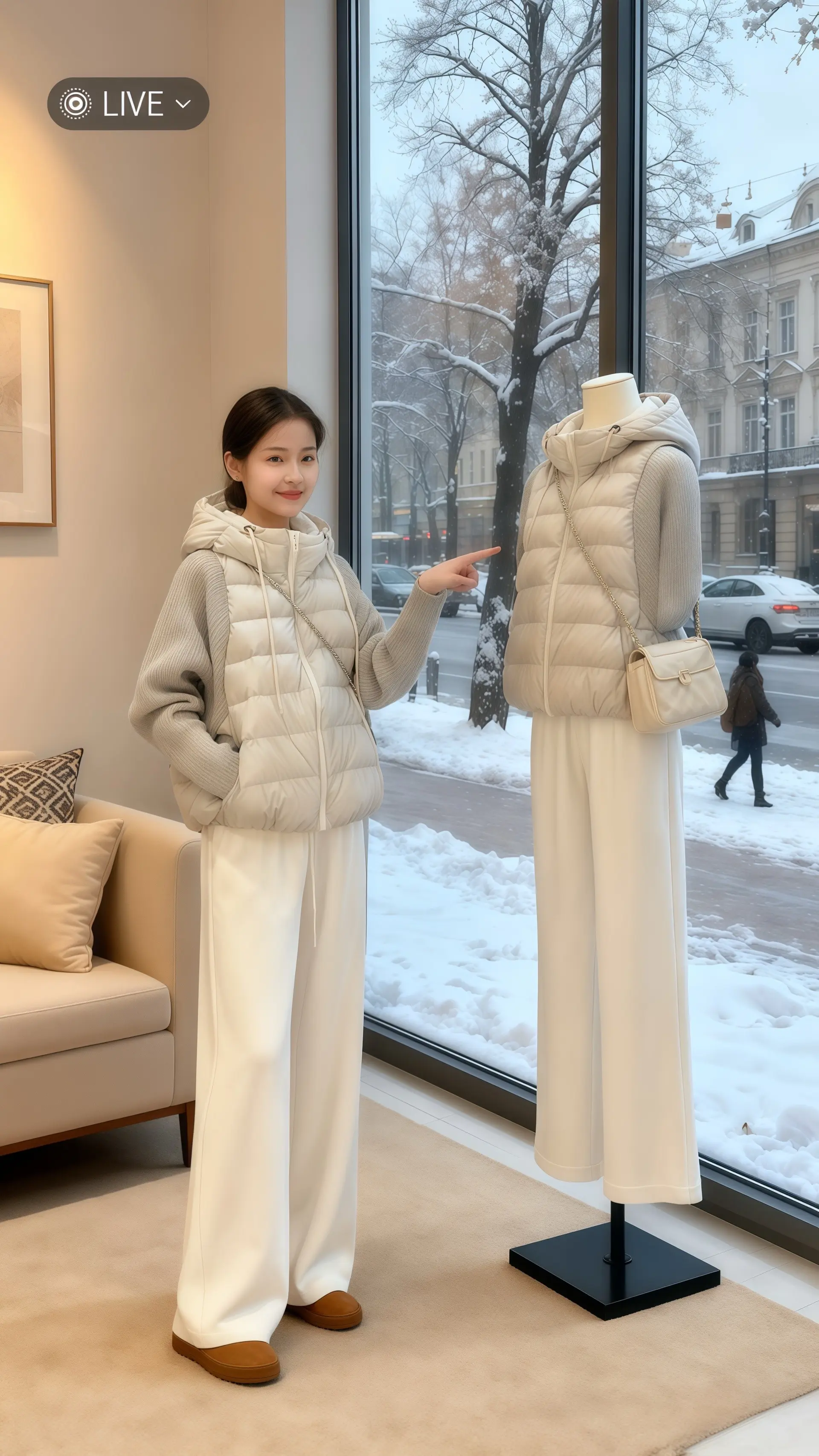 她穿着时尚短款拼接棉服外套，立在飘雪的窗前，瞬间让冬日的沉闷有了灵动暖...